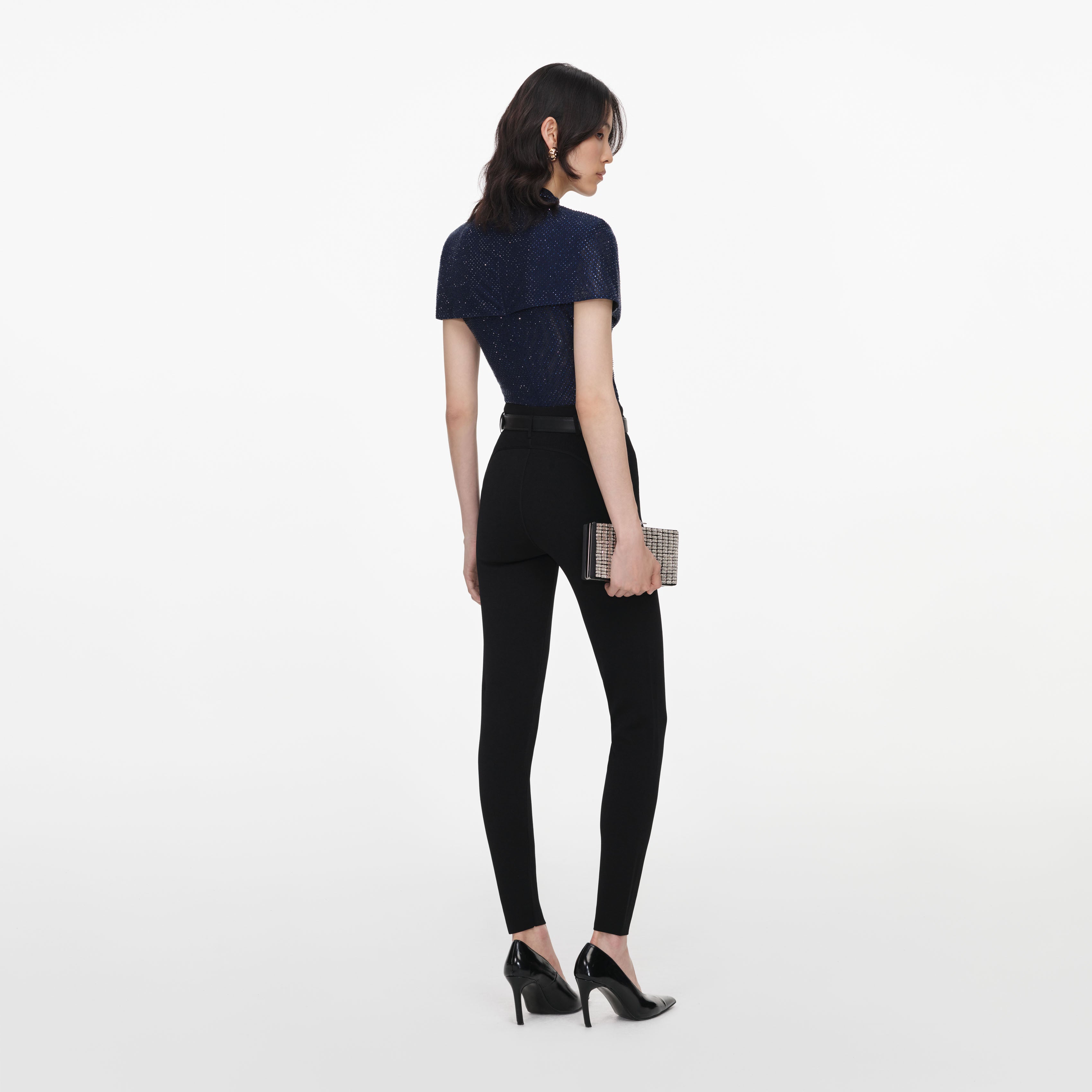 Self-Portrait Rhinestone Mesh Cut Out Top navy Strass