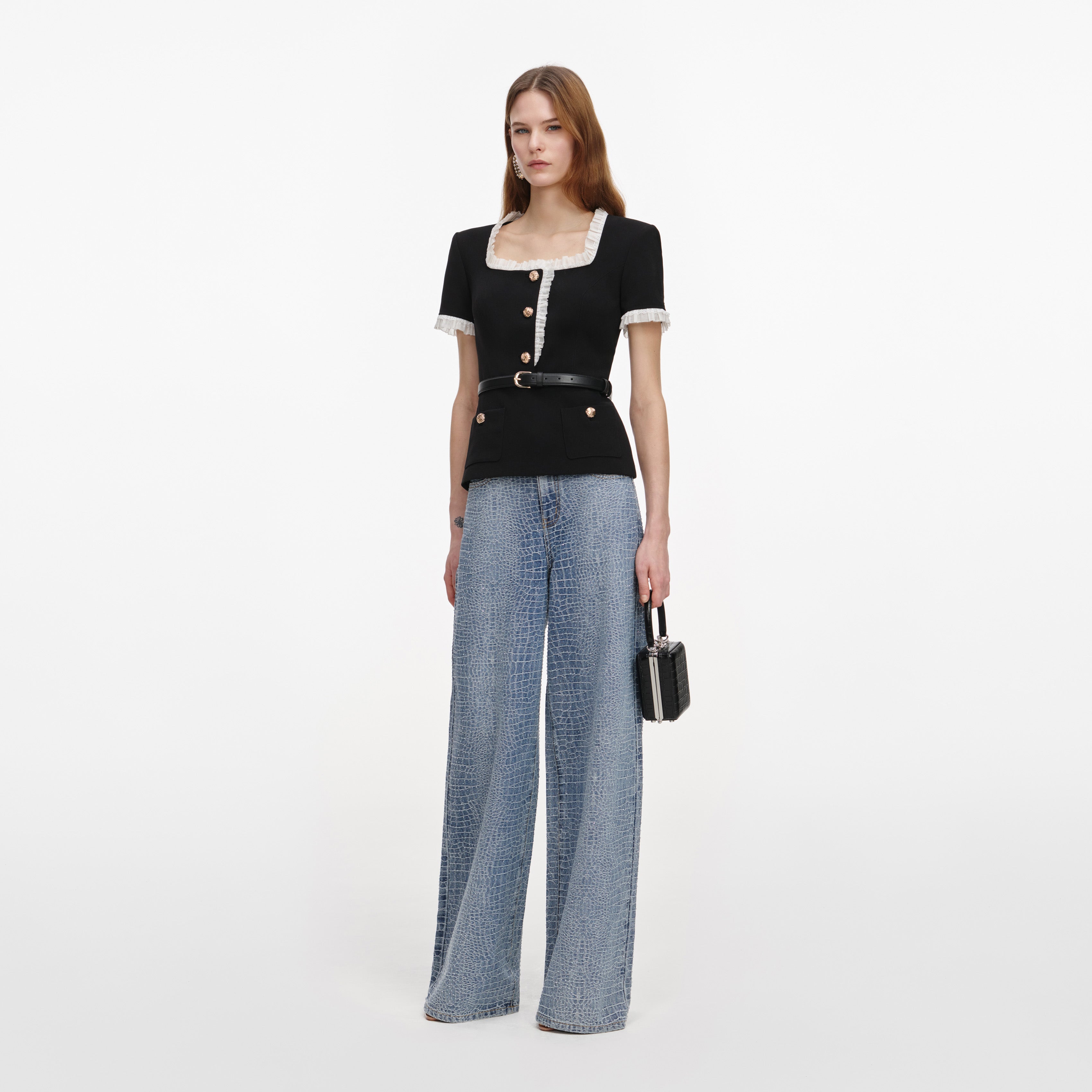 Self Portrait Black Crepe Contrast Frill Top Bluse Schwarz