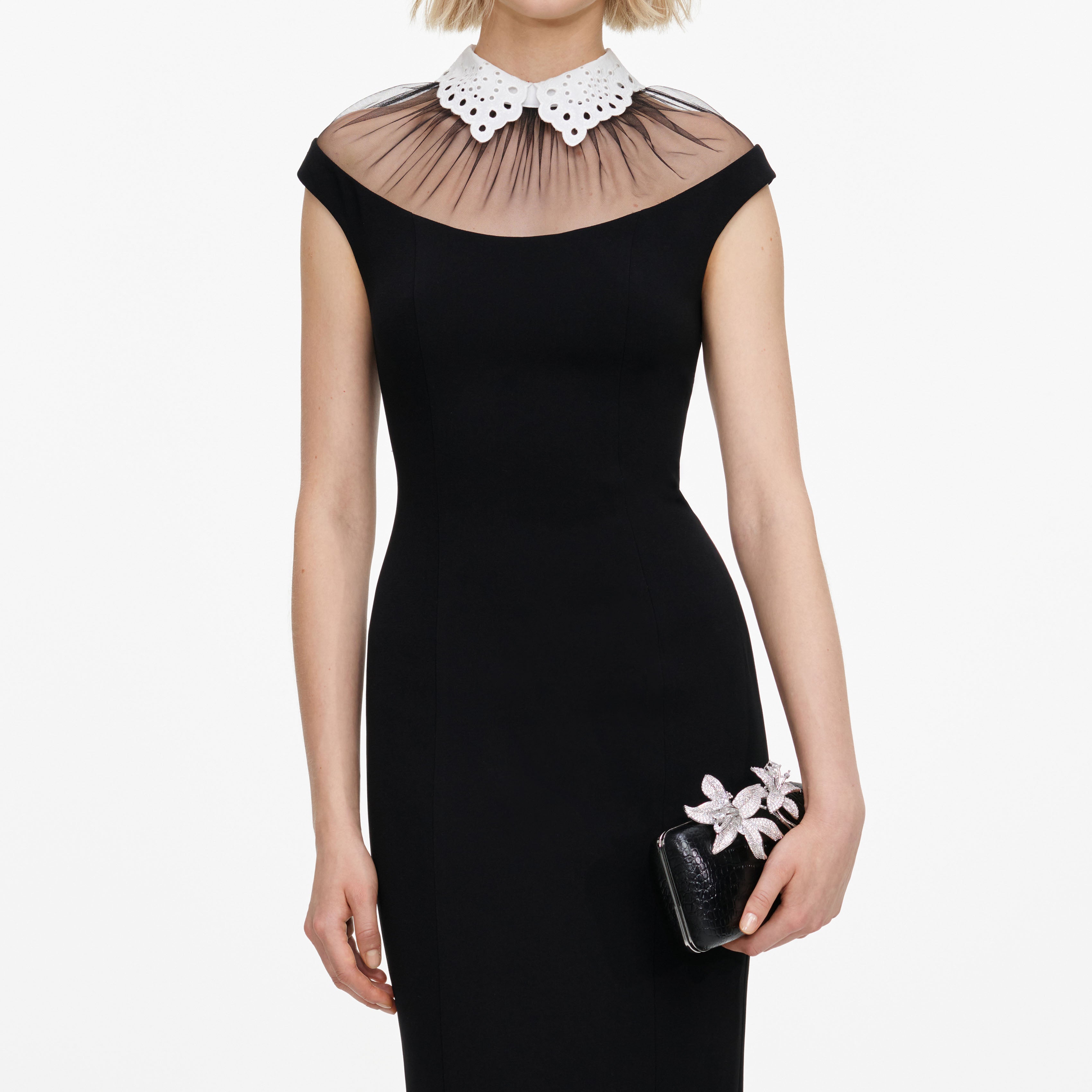 Self Portrait Crepe Midikleid Schwarz Spitzen-Kragen Formal