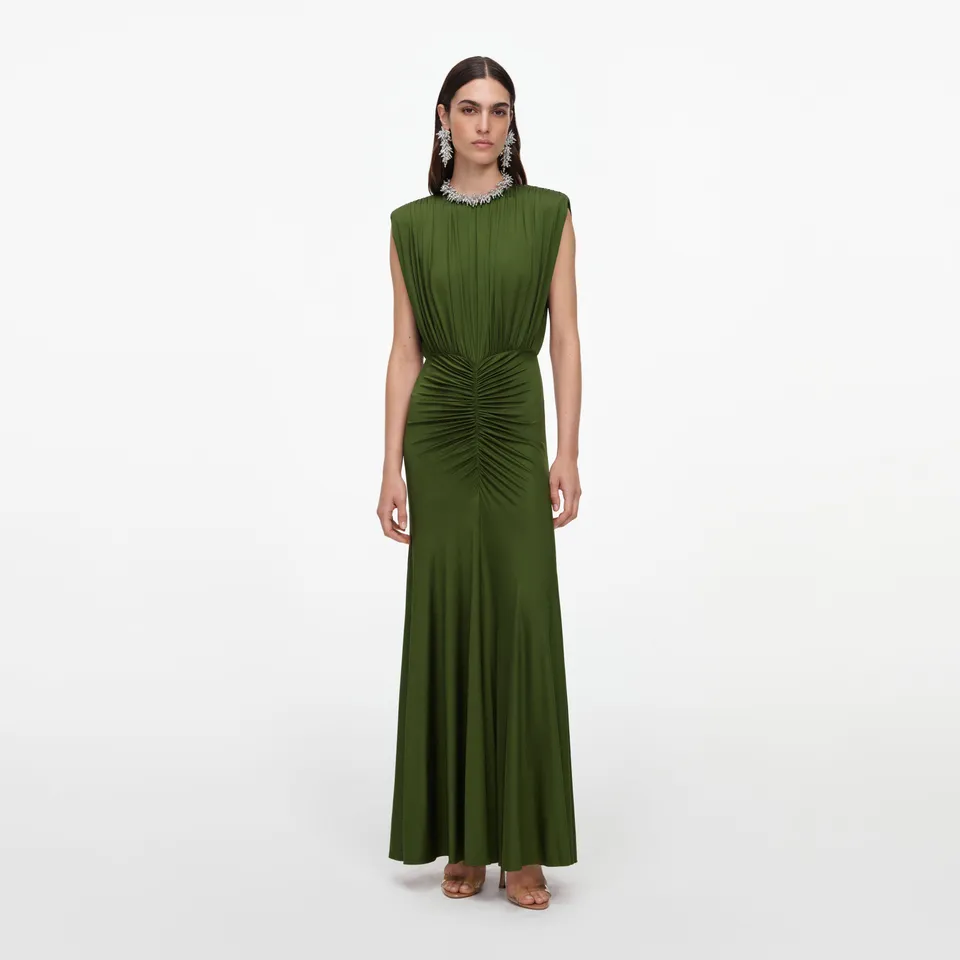 Self Portrait Olive Jersey Maxikleid Oliv Grün Lang