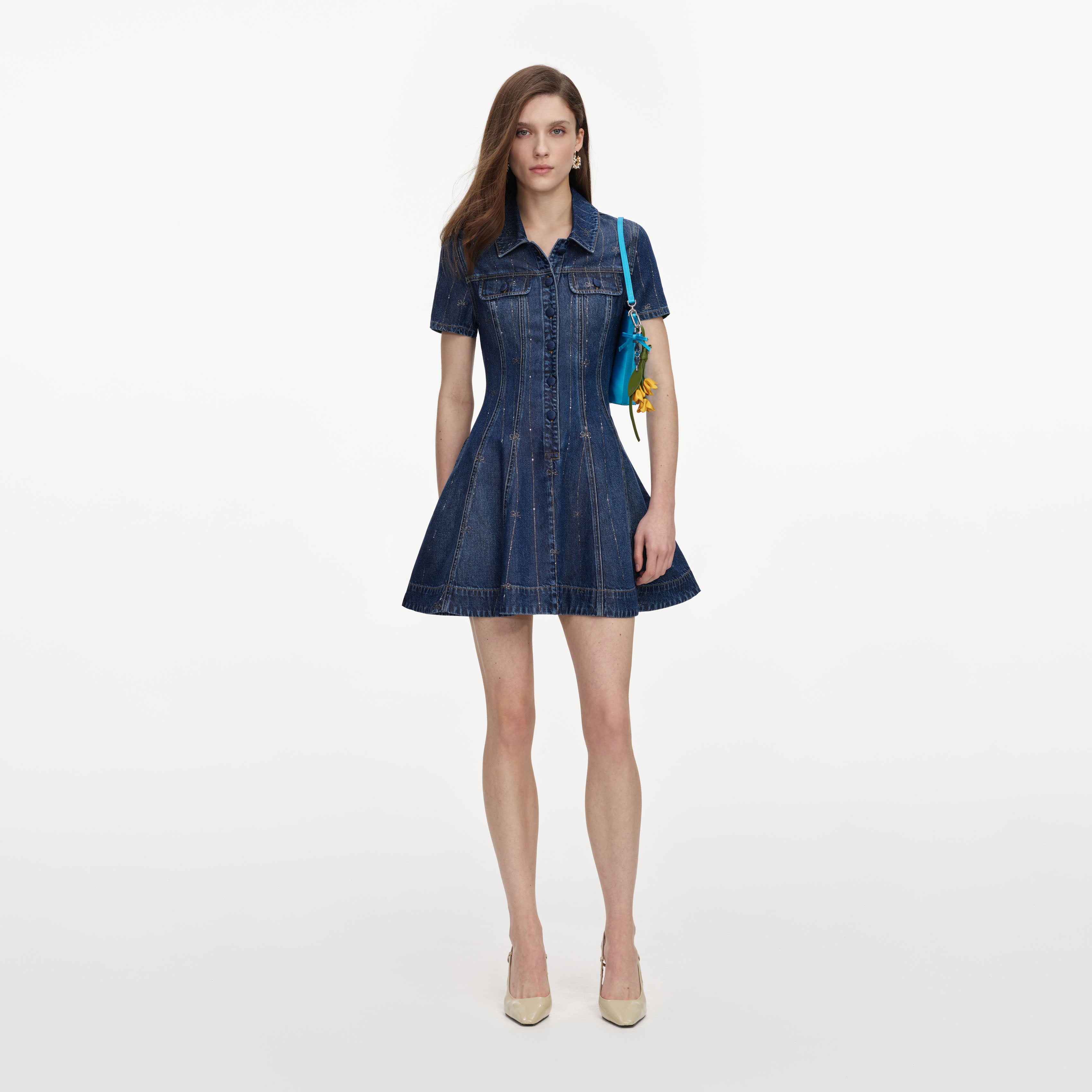 Self Portrait Denim Minikleid Blau Strassstreifen Taschen