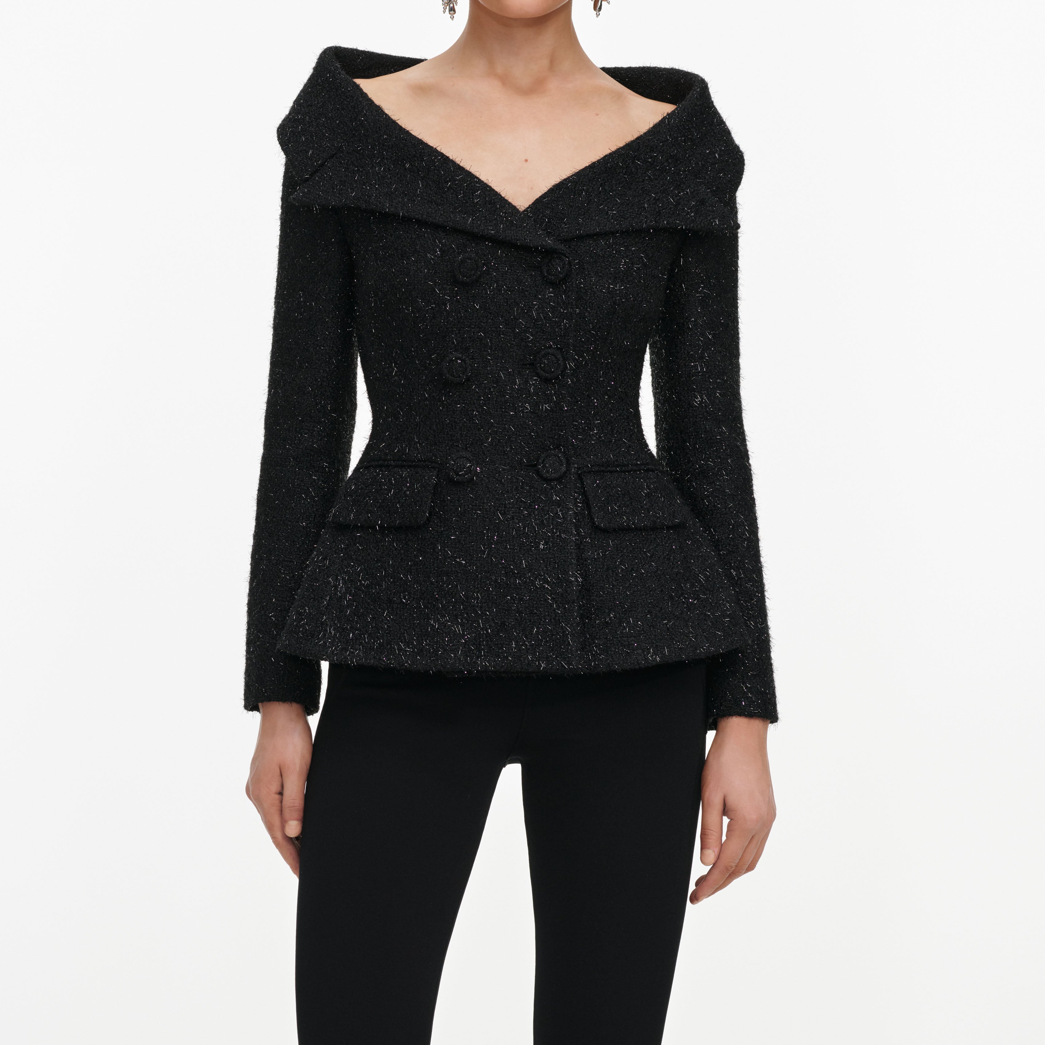 Self Portrait Black Metallic Boucle Jacke Schwarz