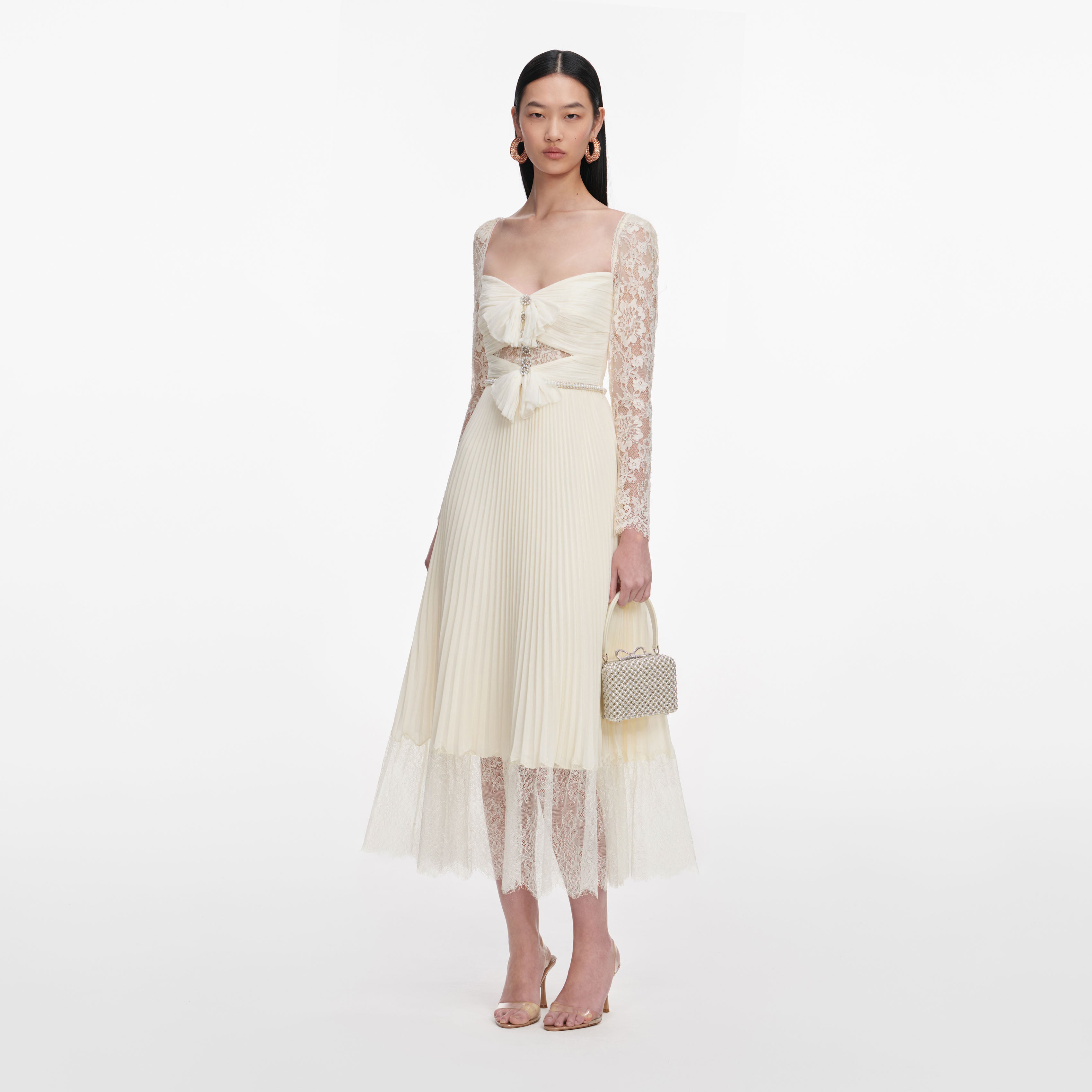 Self Portrait Cream Chiffon Lace Midikleid Creme UK 8 Braut