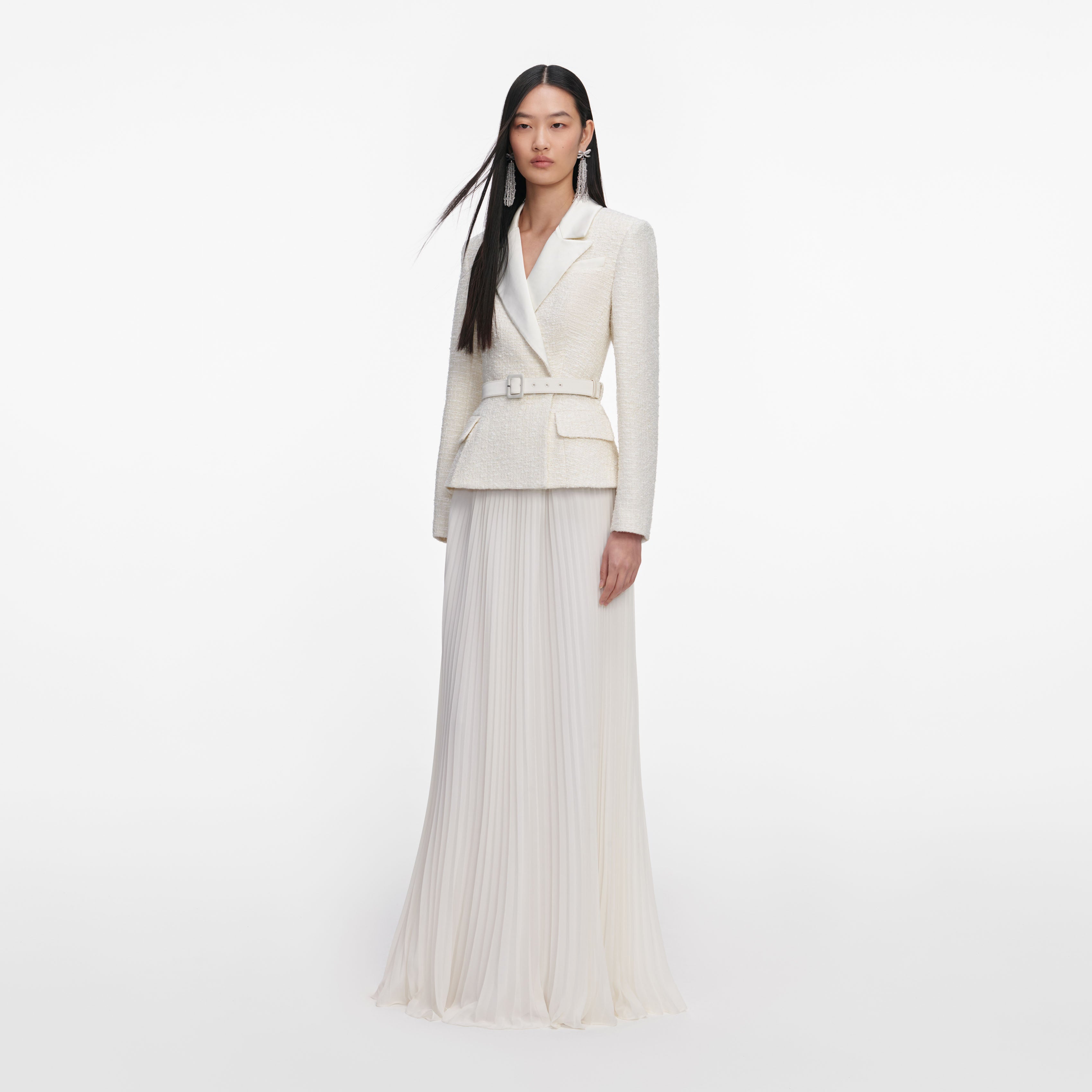 Self Portrait Cream Tailored Boucle Chiffon Maxikleid Creme UK 8