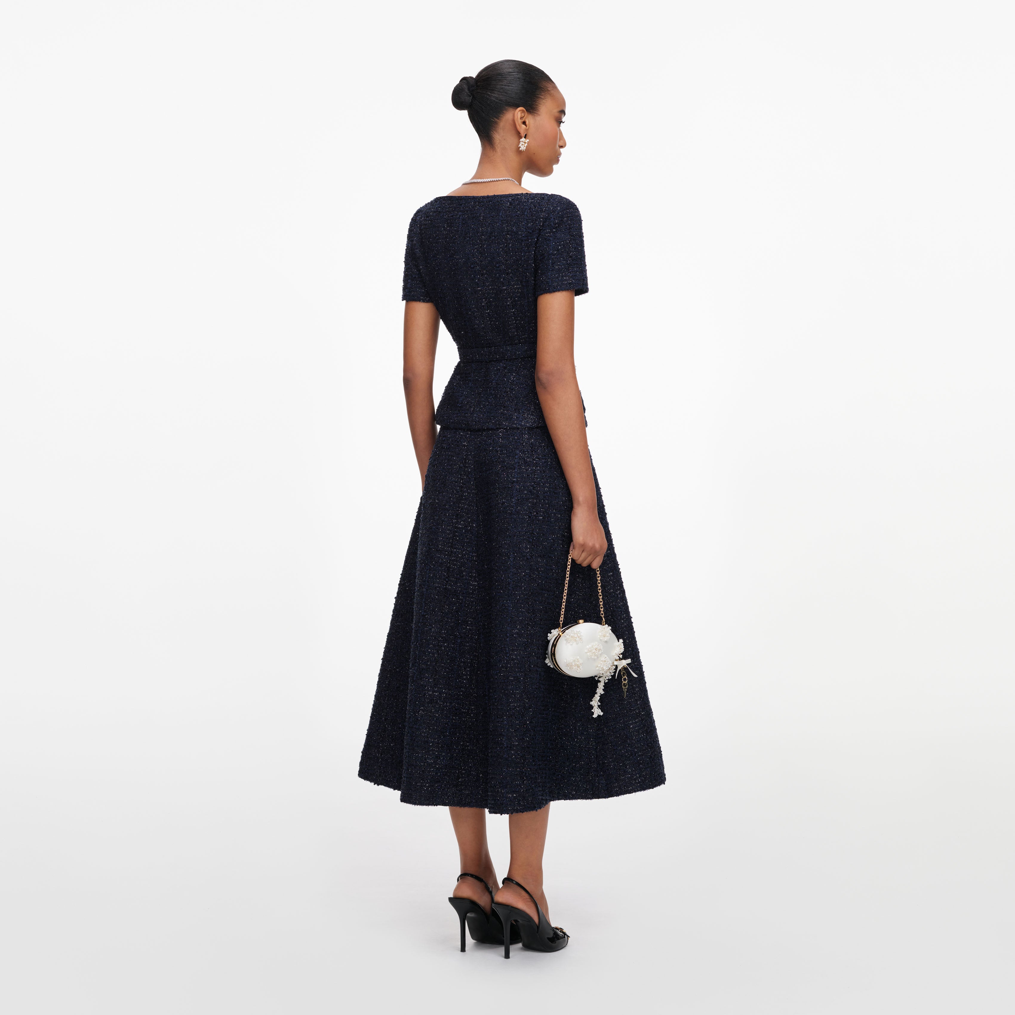 Self Portrait Boucle Midikleid Navy Diamante-Knöpfe Taschen