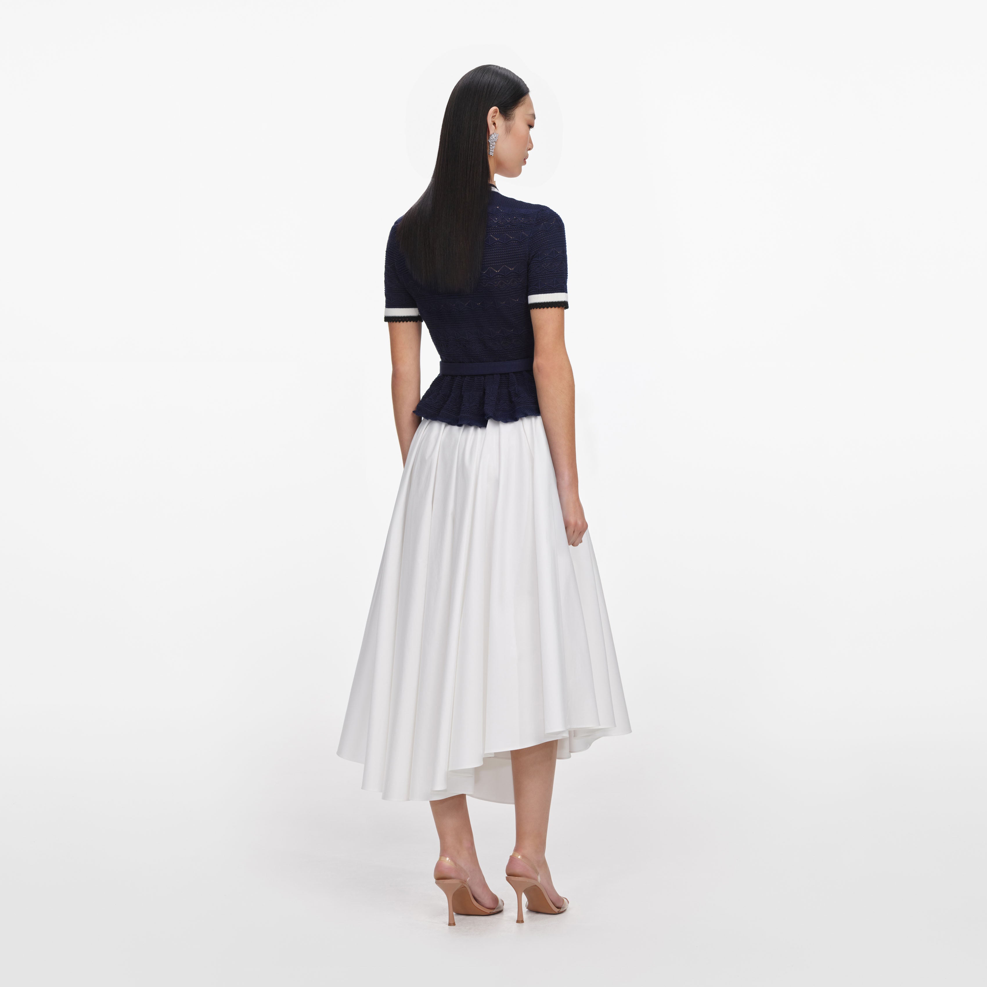 Self Portrait Navy Peplum Pointelle Knit Top Stricktop S