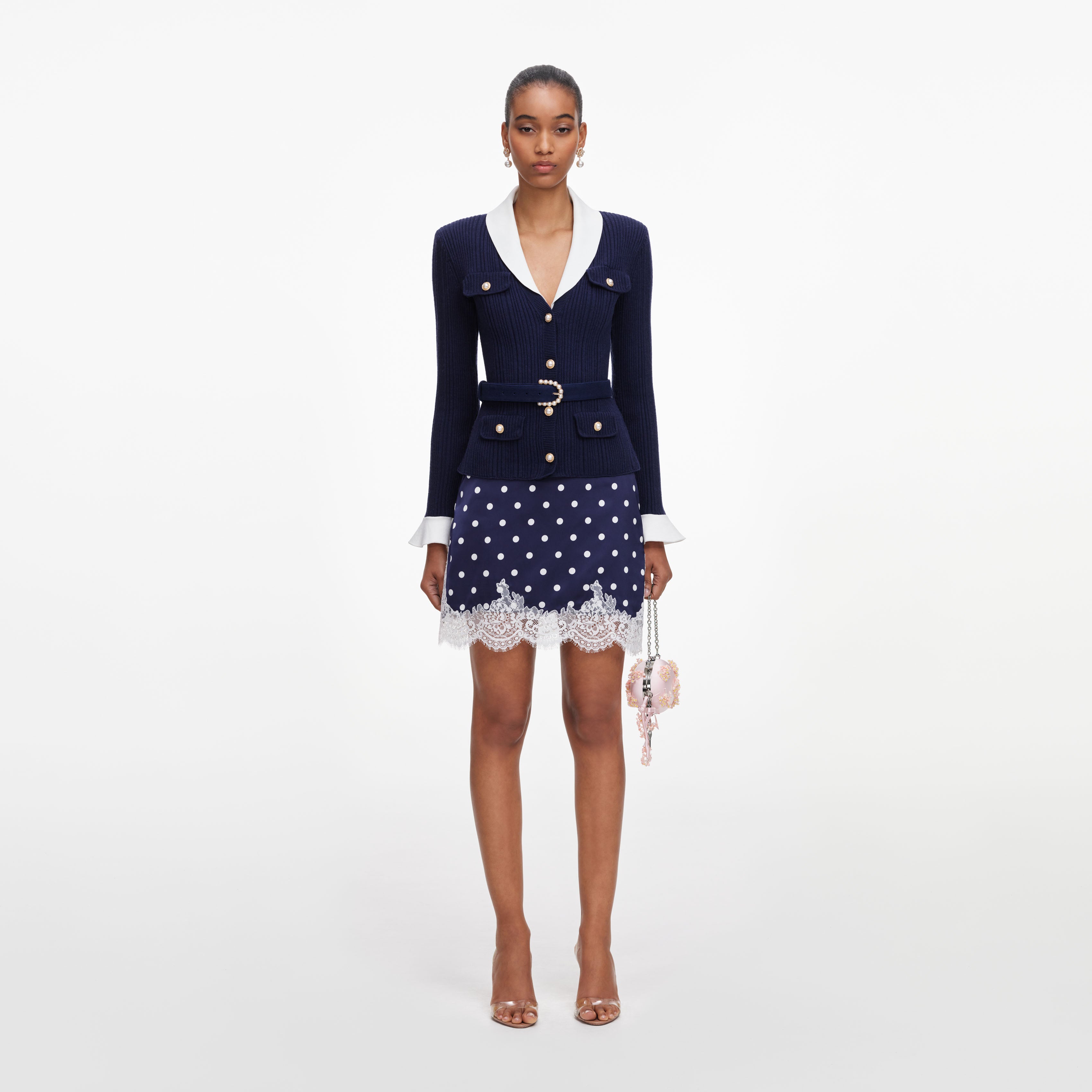 Self Portrait Navy Ribbed Knit Cardigan Strickjacke Blau