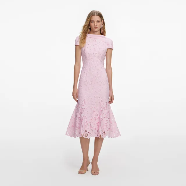 Self Portrait Lace Scoop Back Midikleid rosa Guipure Spitze