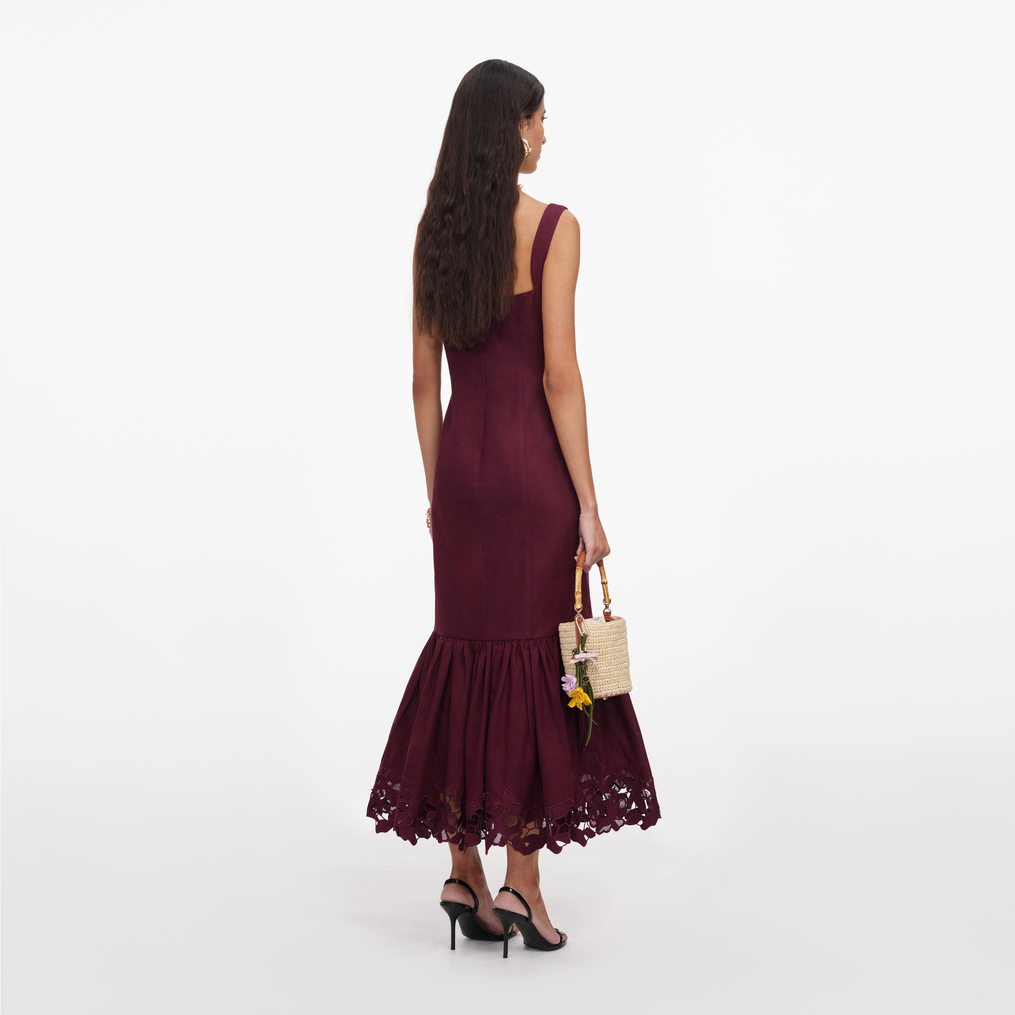 Self Portrait Plum Linen Blend Lace Insert Midi Kleid UK 6