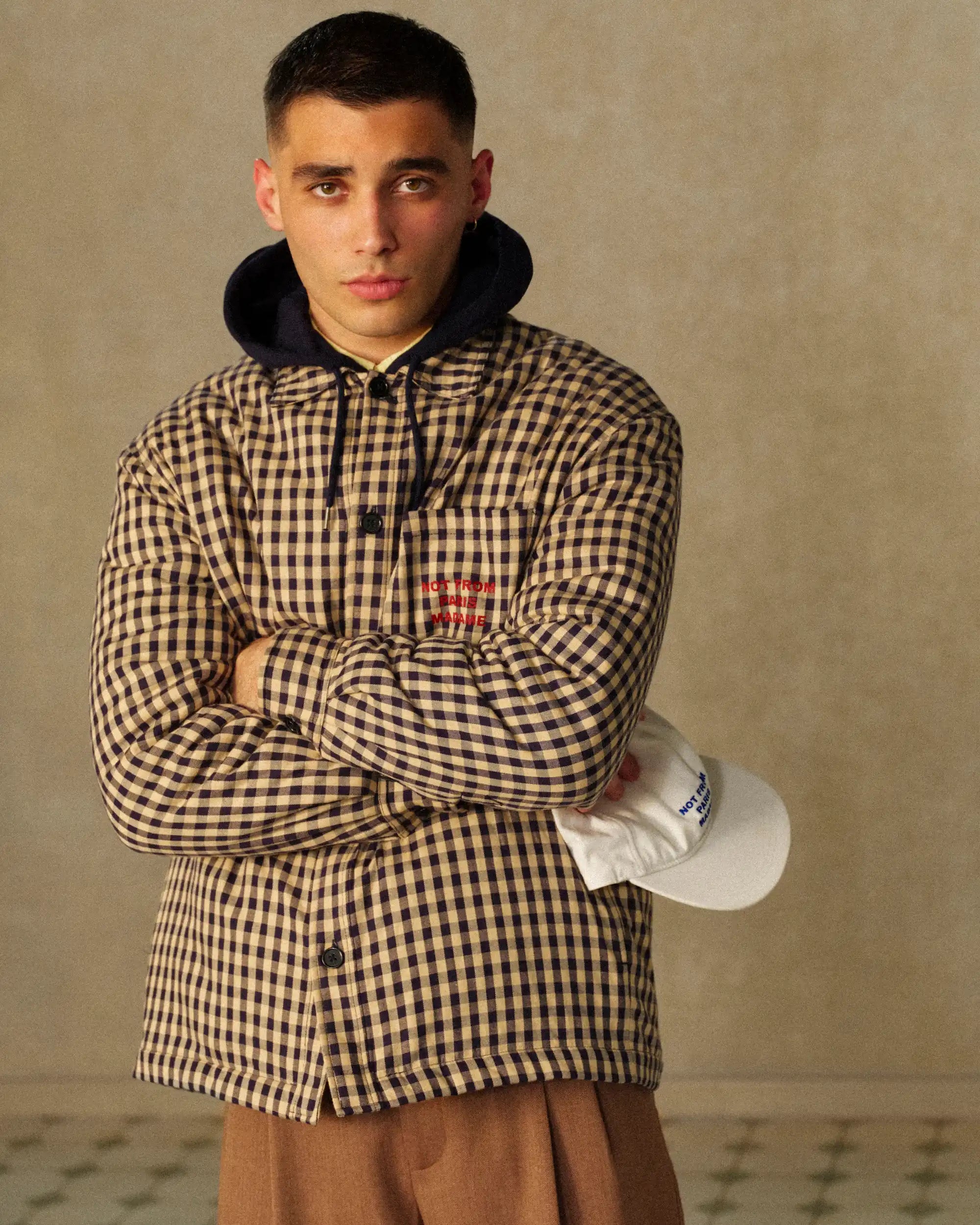 Drôle De Monsieur Check Overshirt Slogan Hemd Beige Baumwolle