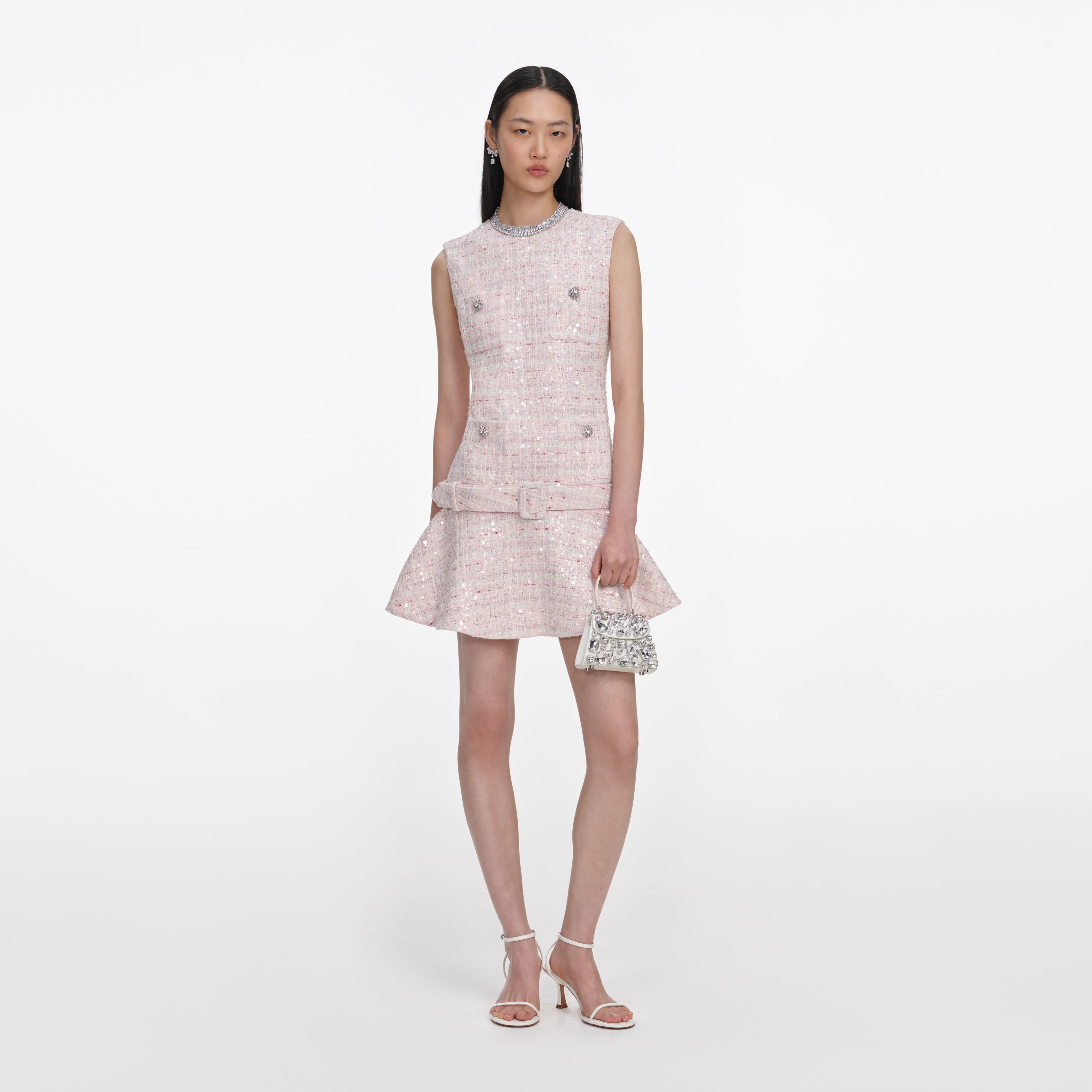 Self Portrait Pink Sequin Boucle Belted Mini Kleid Rosa