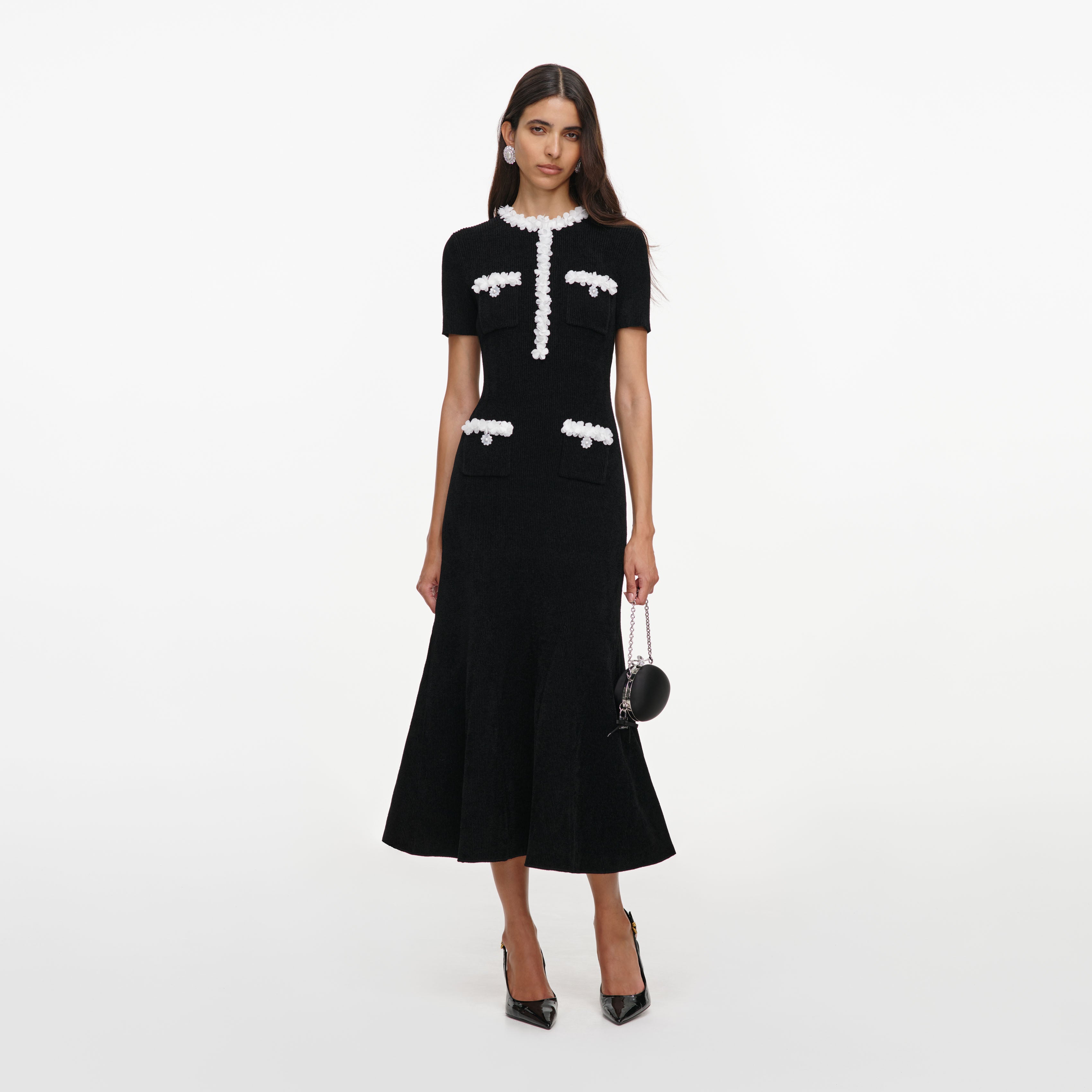 Self Portrait Chenille Flower Trim Midi Kleid schwarz S