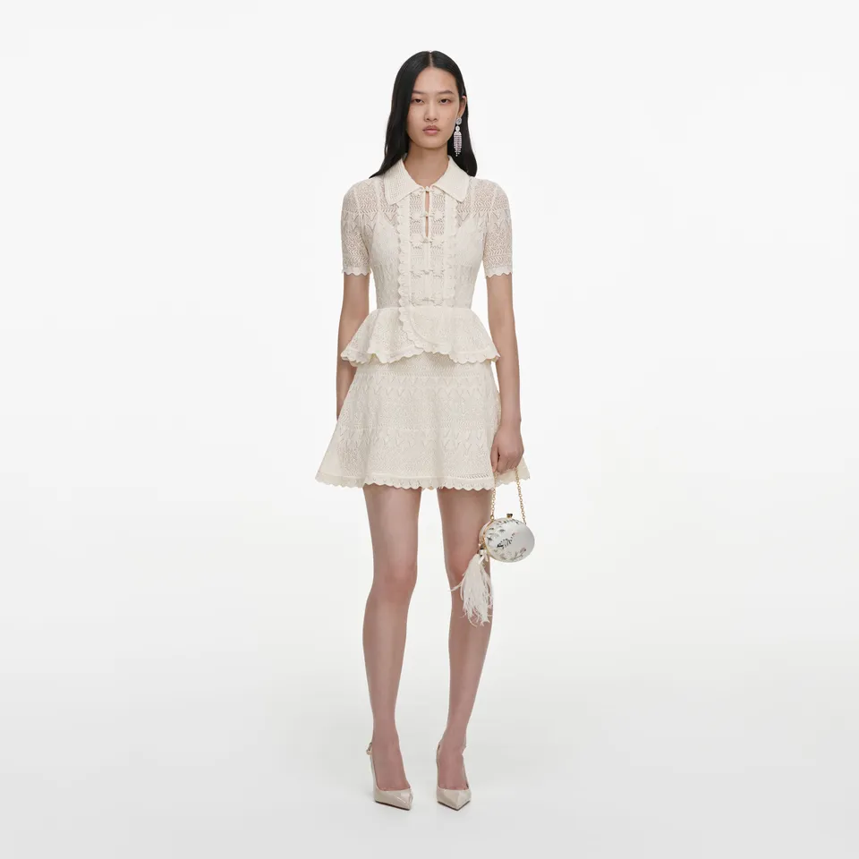 Self Portrait Pointelle Knit Wrap Peplum Kleid Creme Mini