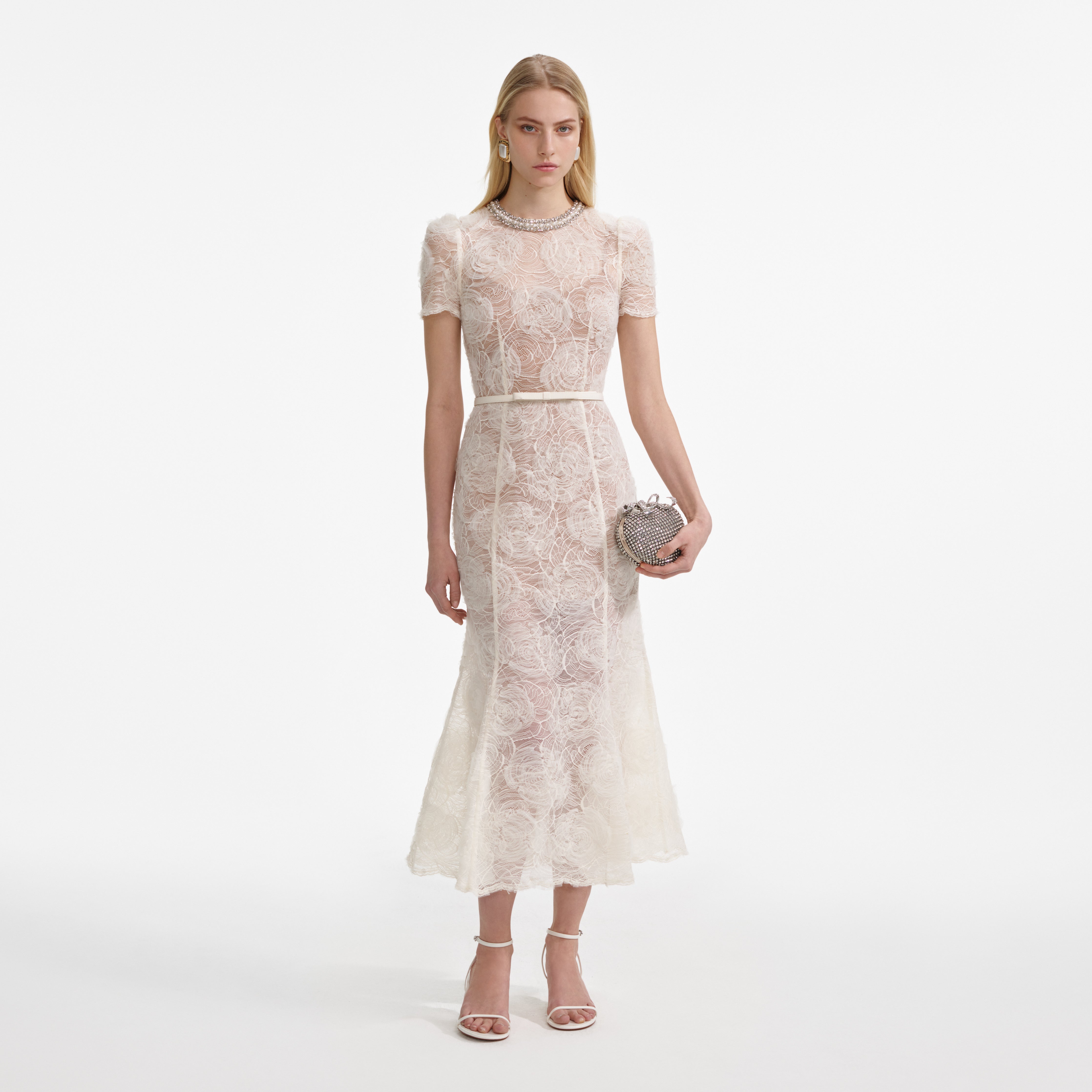 Self Portrait Midi Kleid Creme Tüll Spitze UK 8