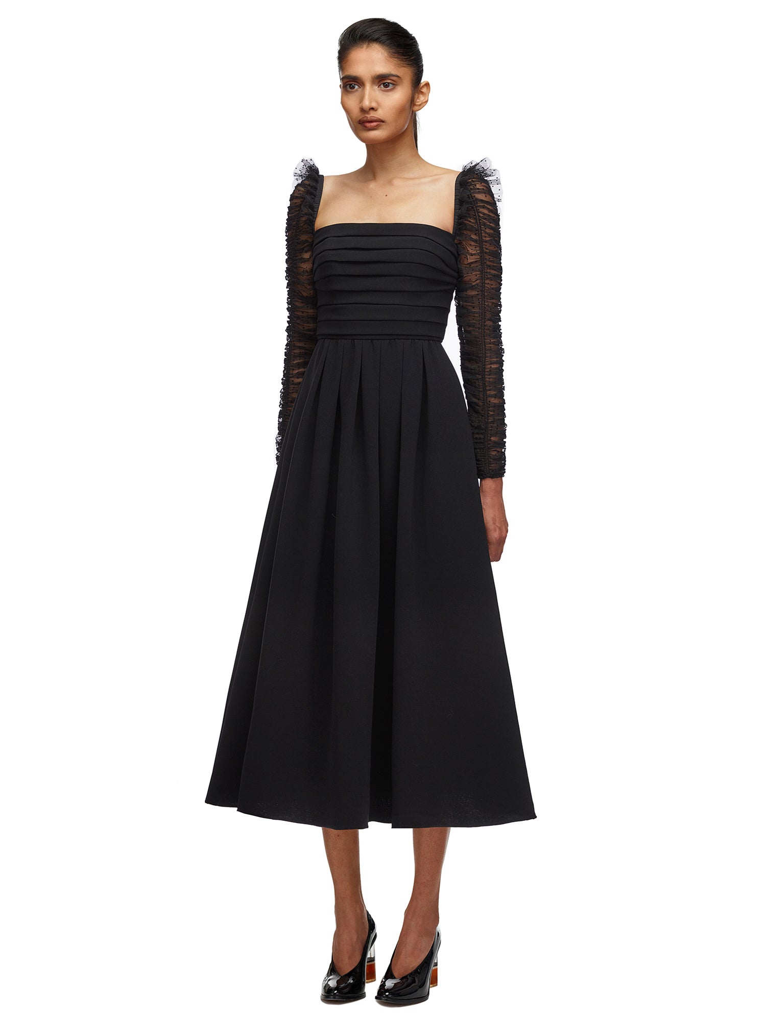 Self Portrait Crepe Dot Mesh Midi-Kleid Langarm
