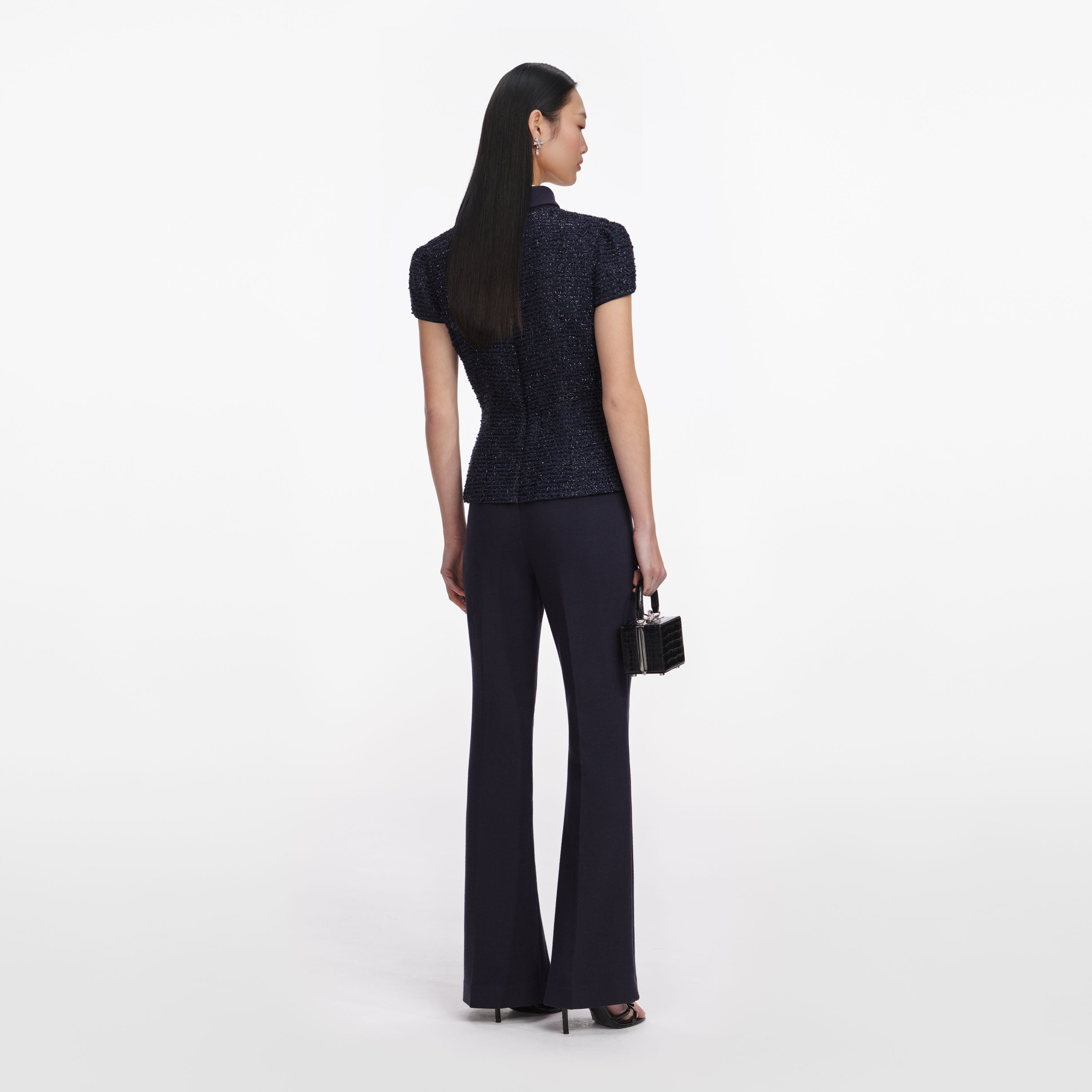 Self Portrait Navy Metallic Boucle Jumpsuit Overall Blau