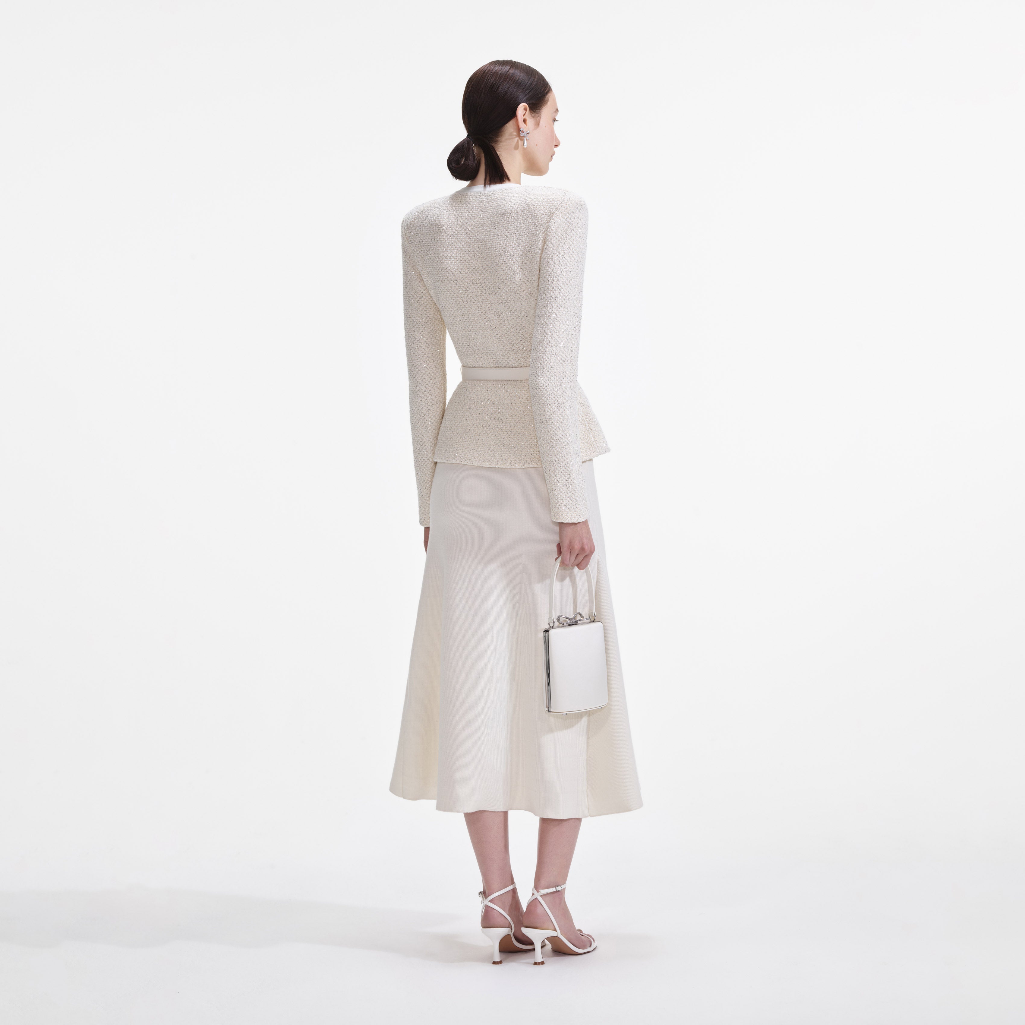 Self Portrait Sequin Midi Kleid Creme Strick Pailletten