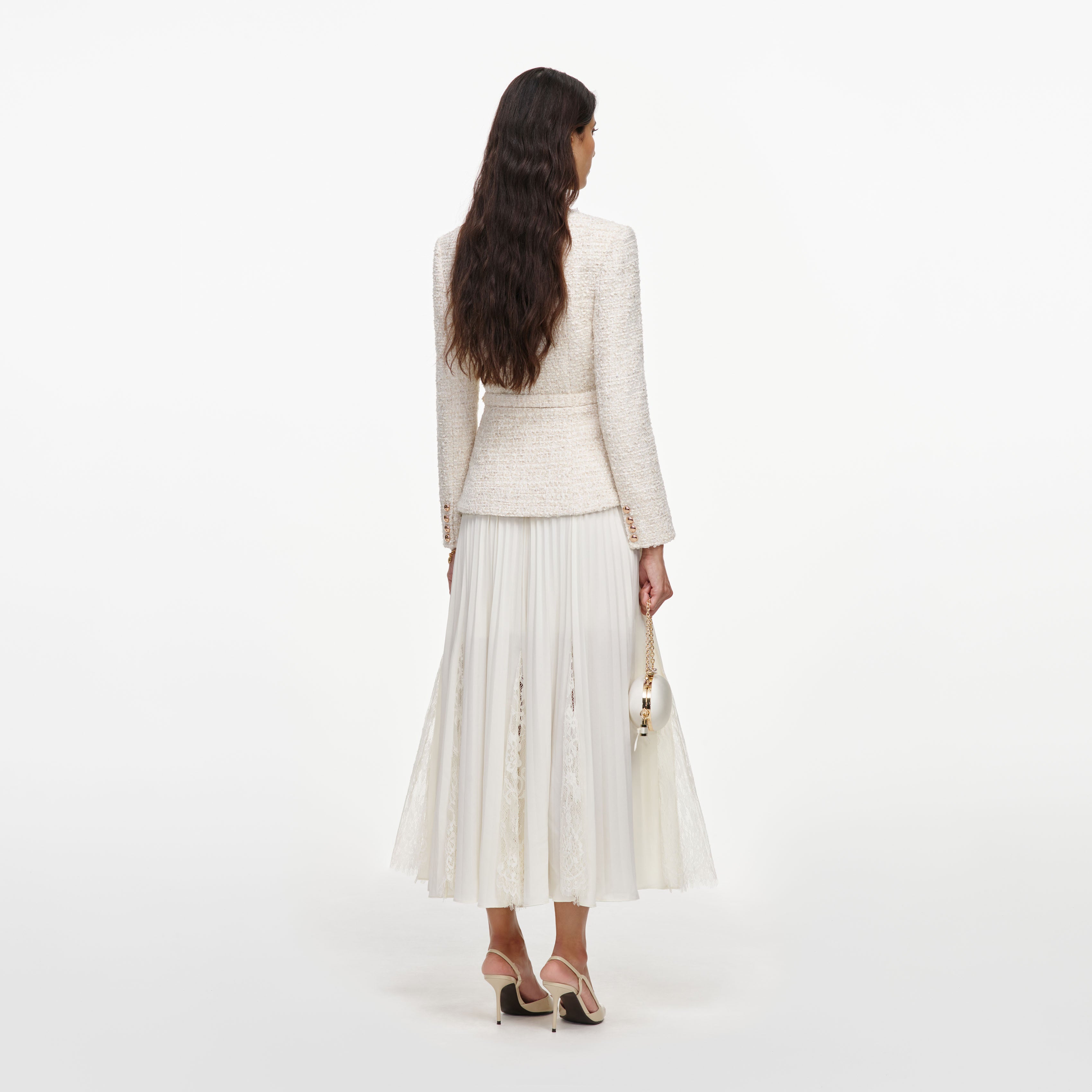 Self Portrait Cream Boucle Chiffon Midi Kleid Creme