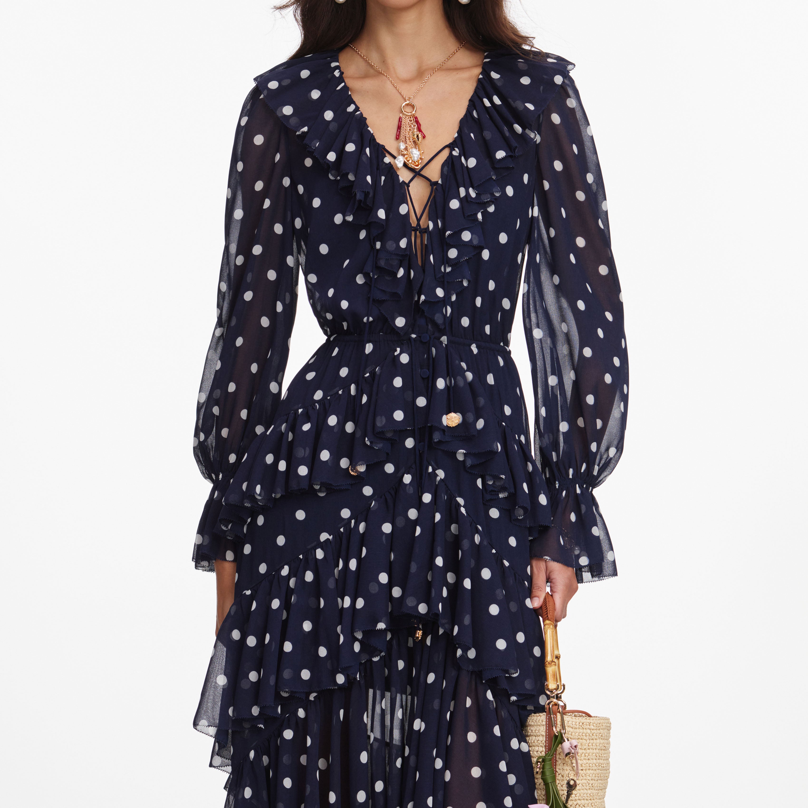 Self Portrait Polka Dot Georgette Maxikleid Navy Punkte