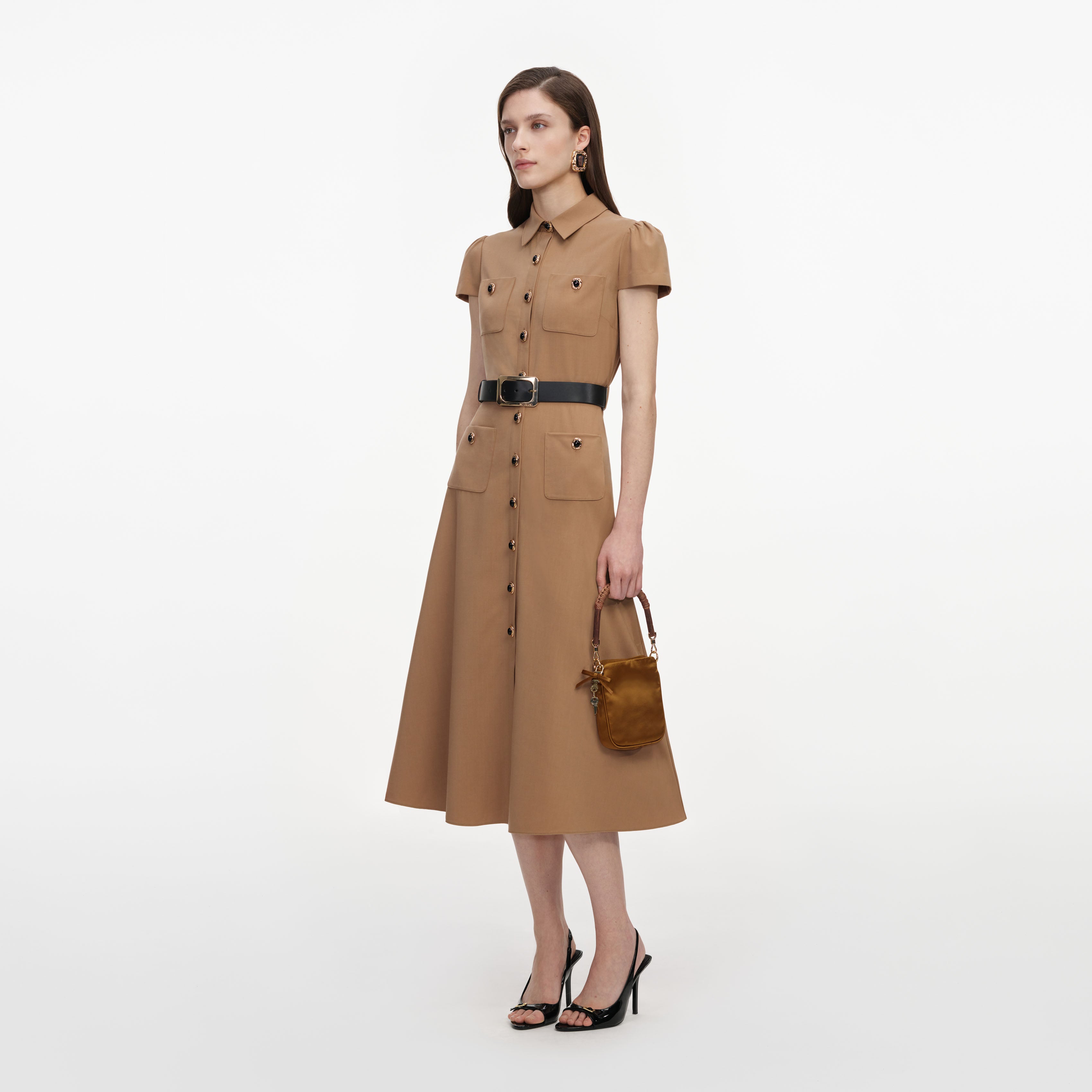 Self Portrait Twill Belted Midi Kleid Tan UK 6