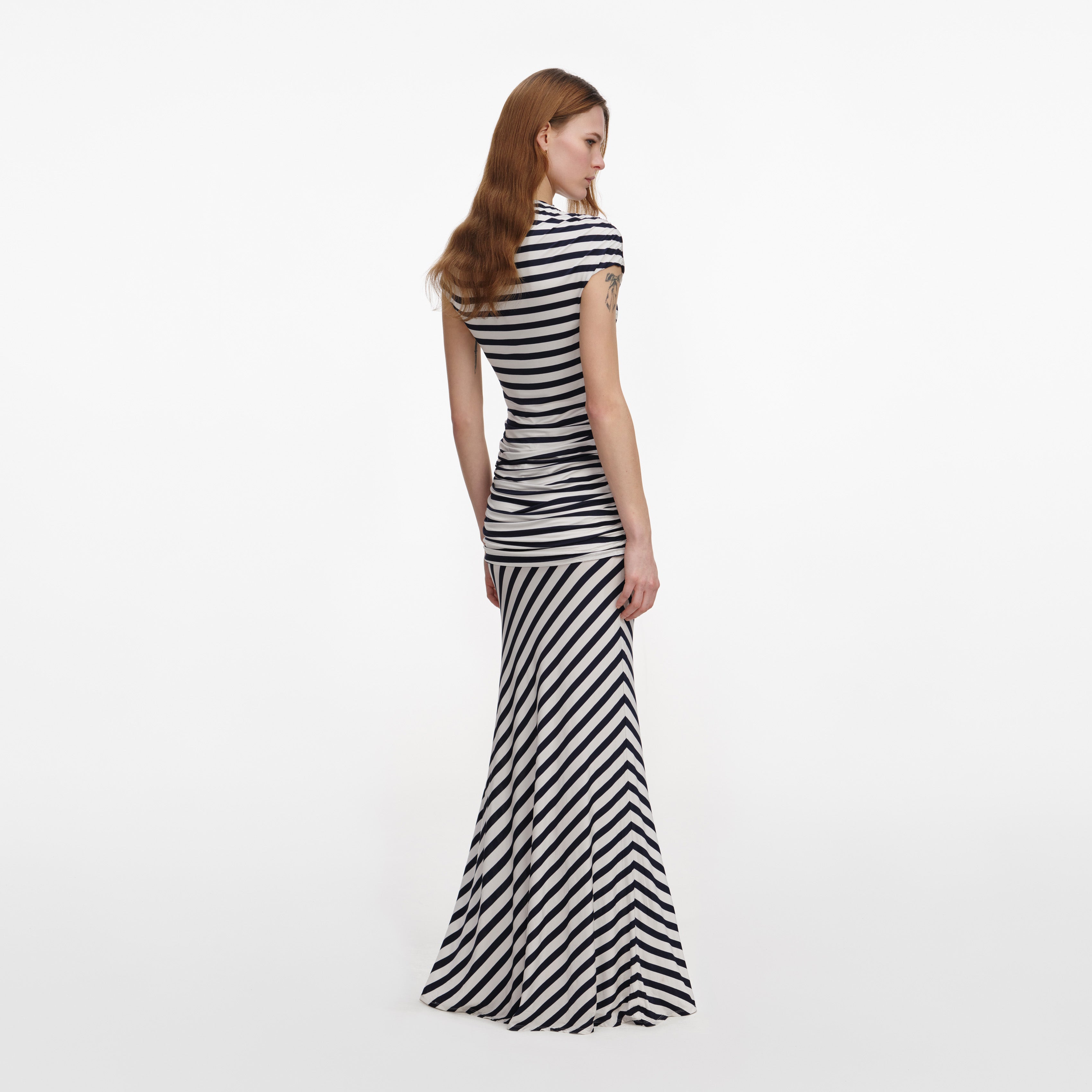 Self Portrait Navy Streifen Jersey Maxikleid Drapiert