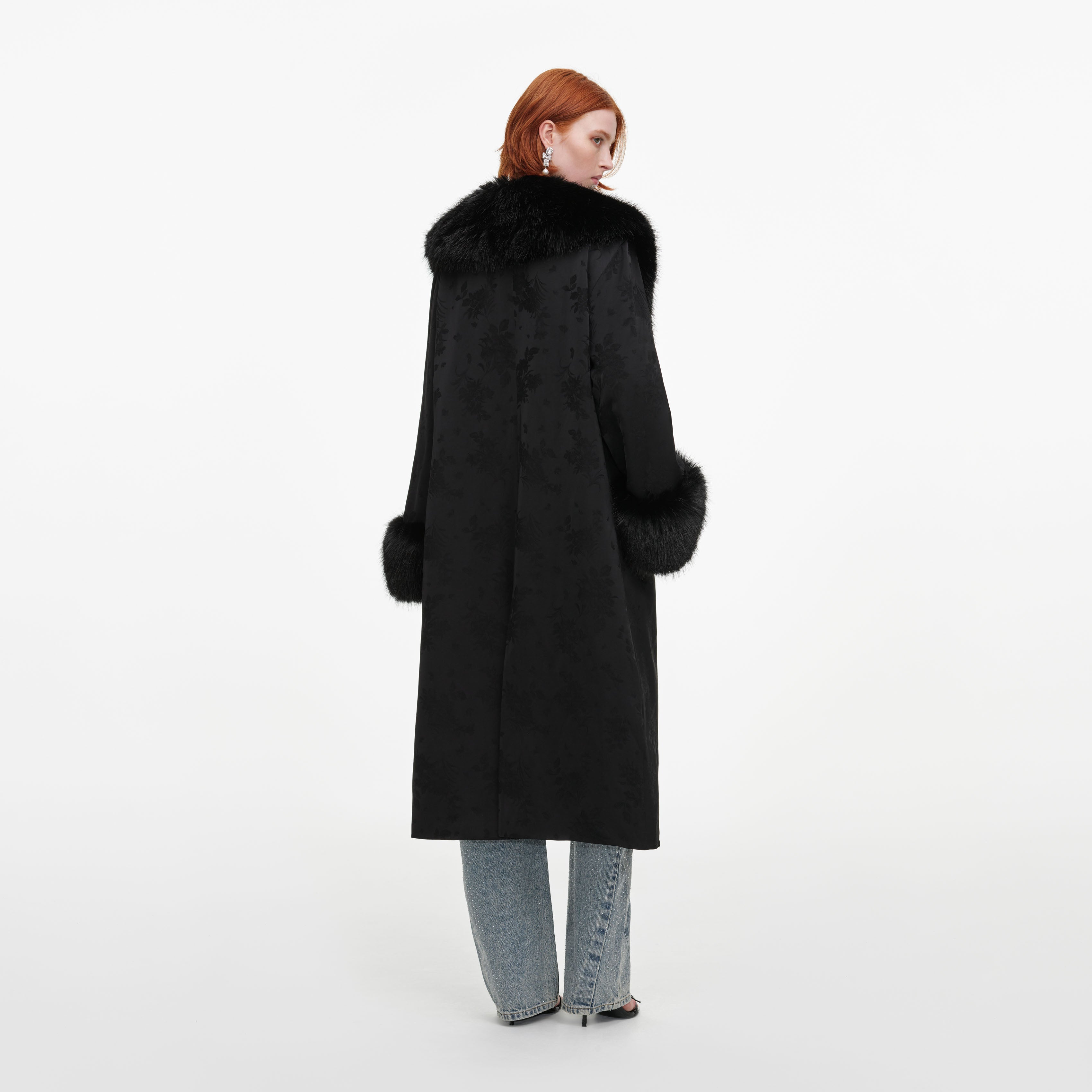 Self Portrait Jacquard Fur Collar Mantel Schwarz S