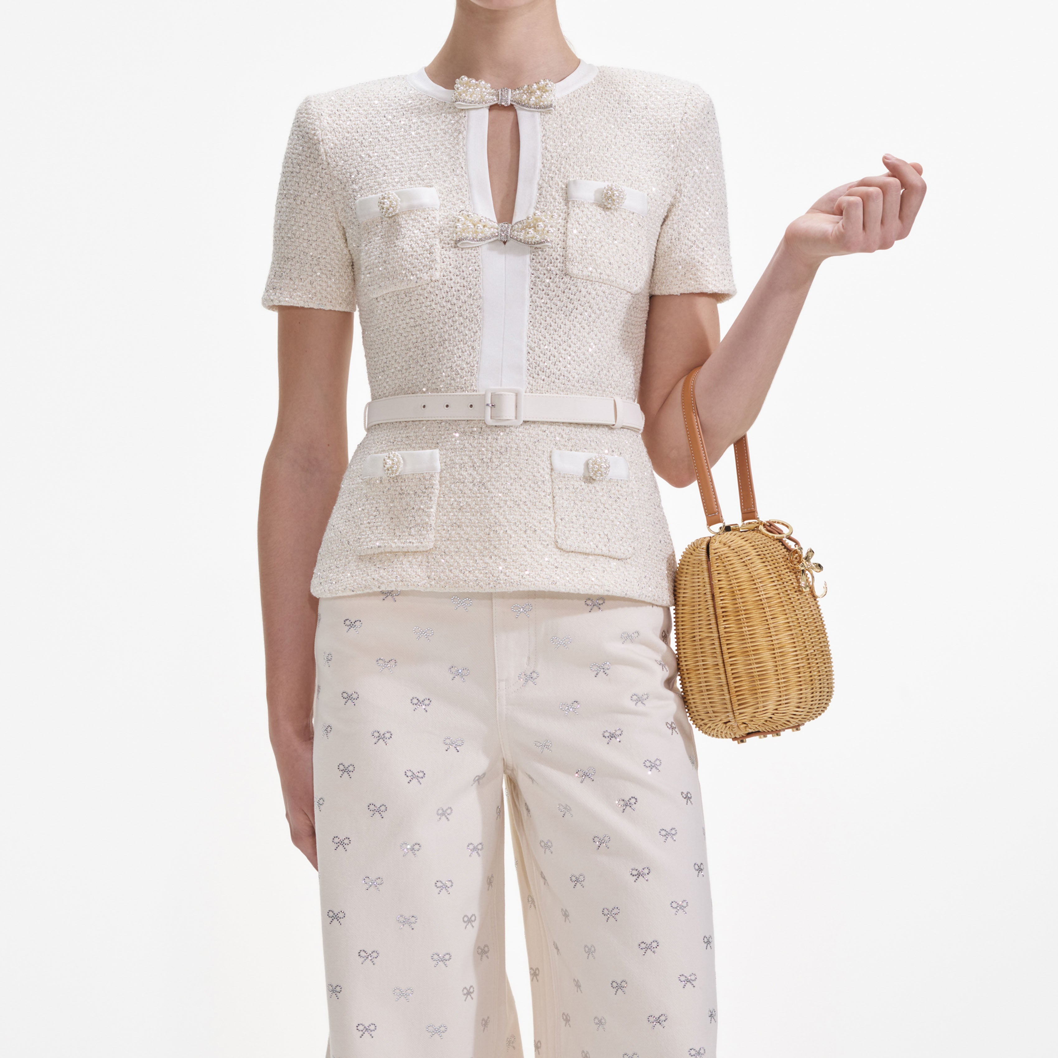 Self Portrait Knitwear Cream Sequin Strick-Top Creme S Pailletten