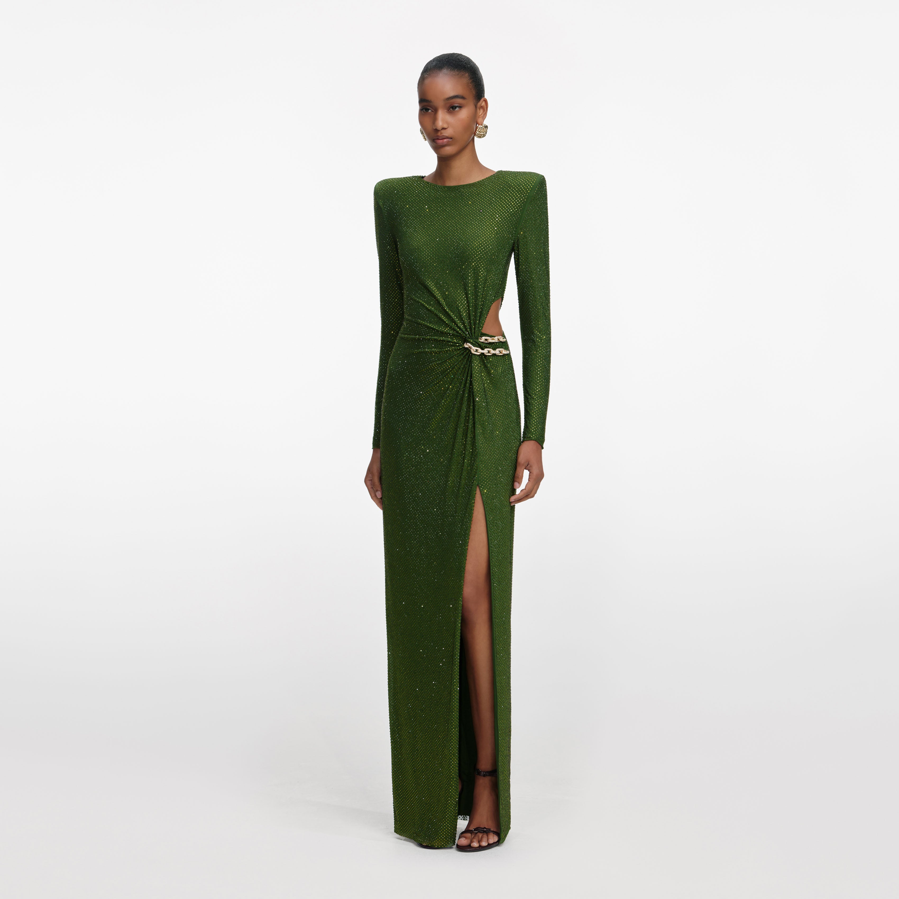 Self Portrait Olive Rhinestone Maxi Kleid Grün Strass