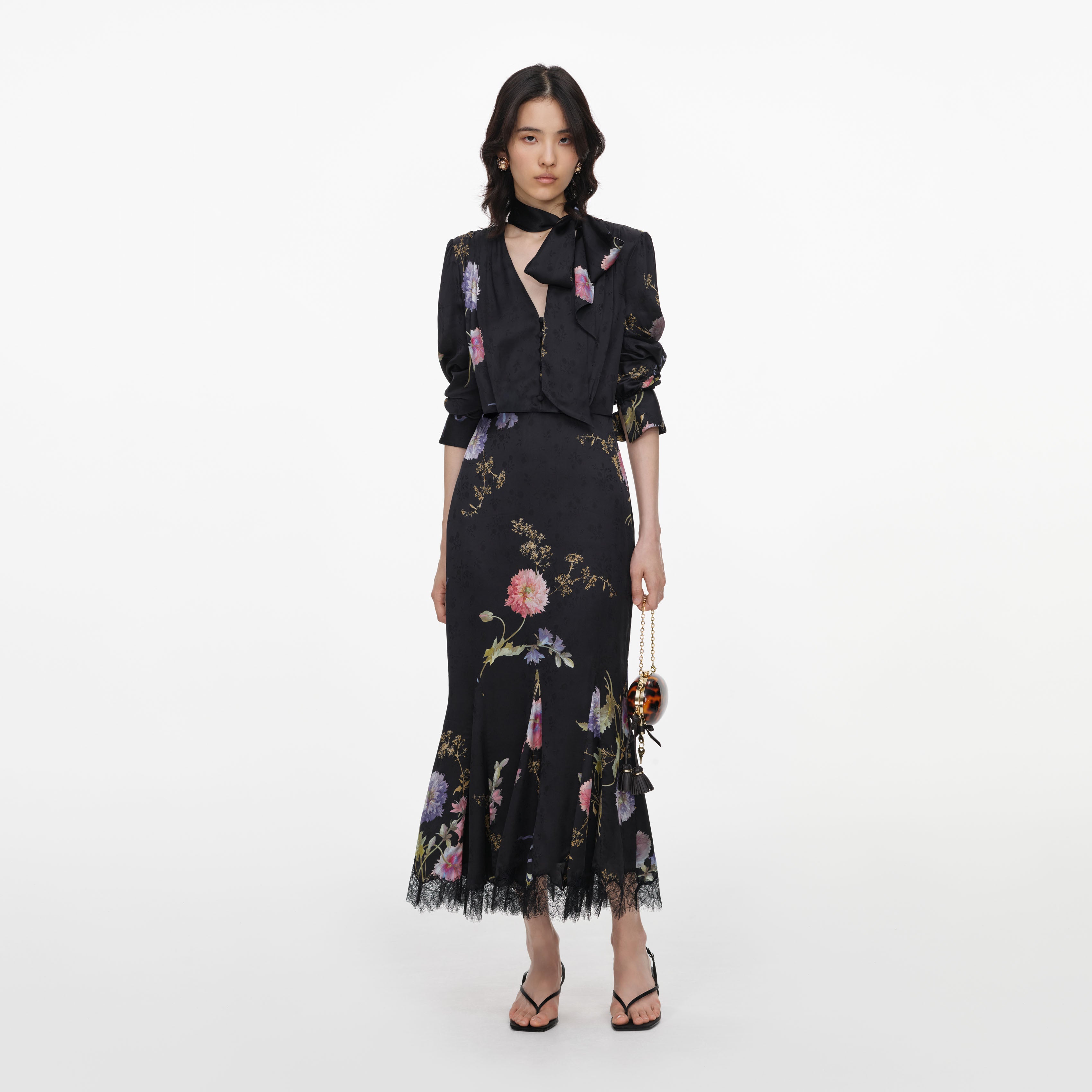 Self Portrait Black Satin Floral Midi Kleid Schwarz Blumen