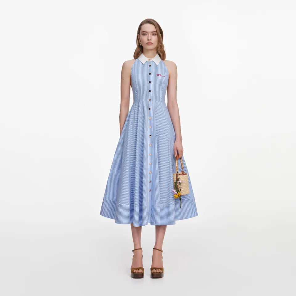 Self Portrait Blue Striped Cotton Midikleid Blau UK 10 Baumwolle
