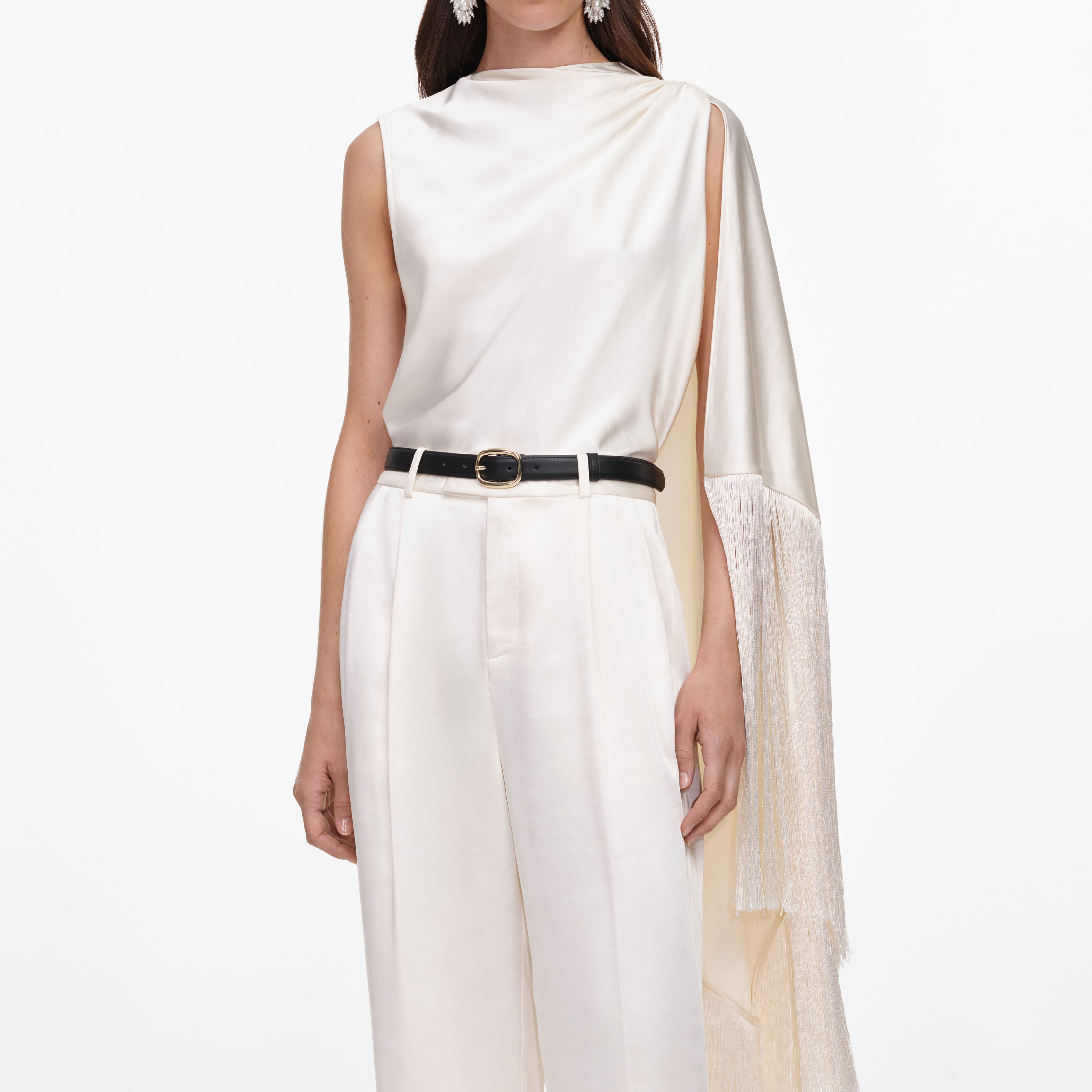 Self Portrait Tops Cream Satin Fringed Scarf Top Creme
