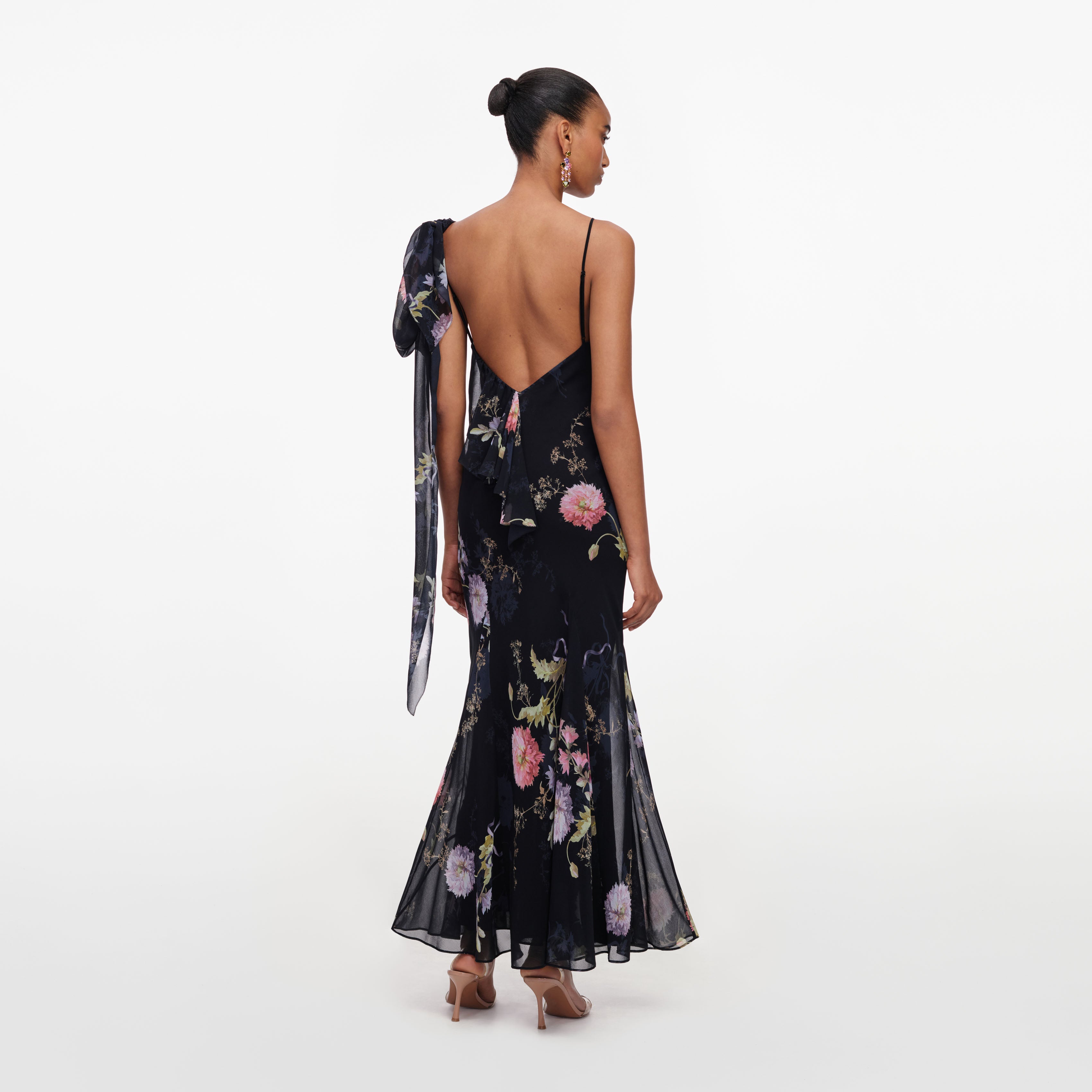 Self Portrait Black Floral Georgette Maxi Kleid Schwarz