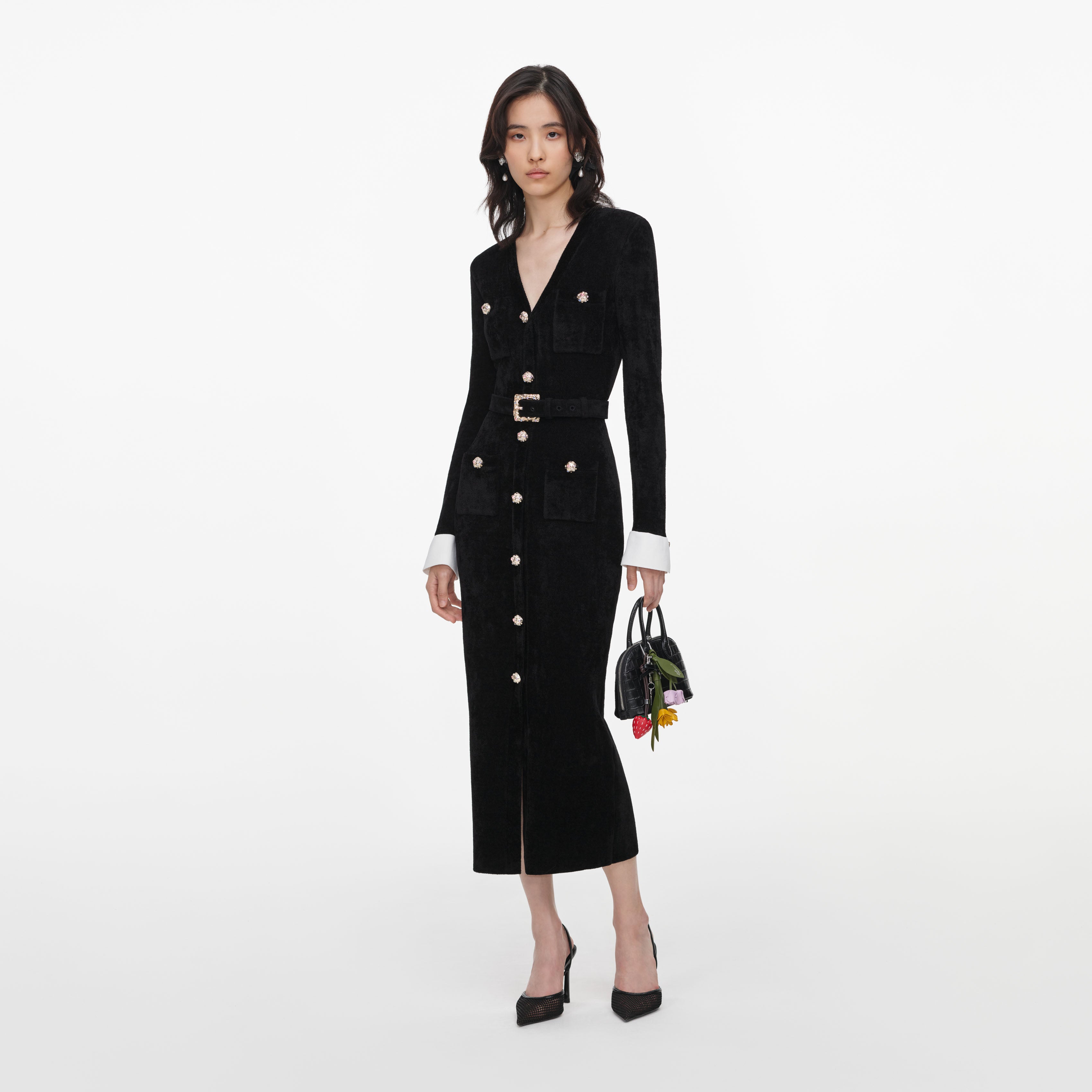 Self Portrait Chenille Midi Strickkleid Schwarz S