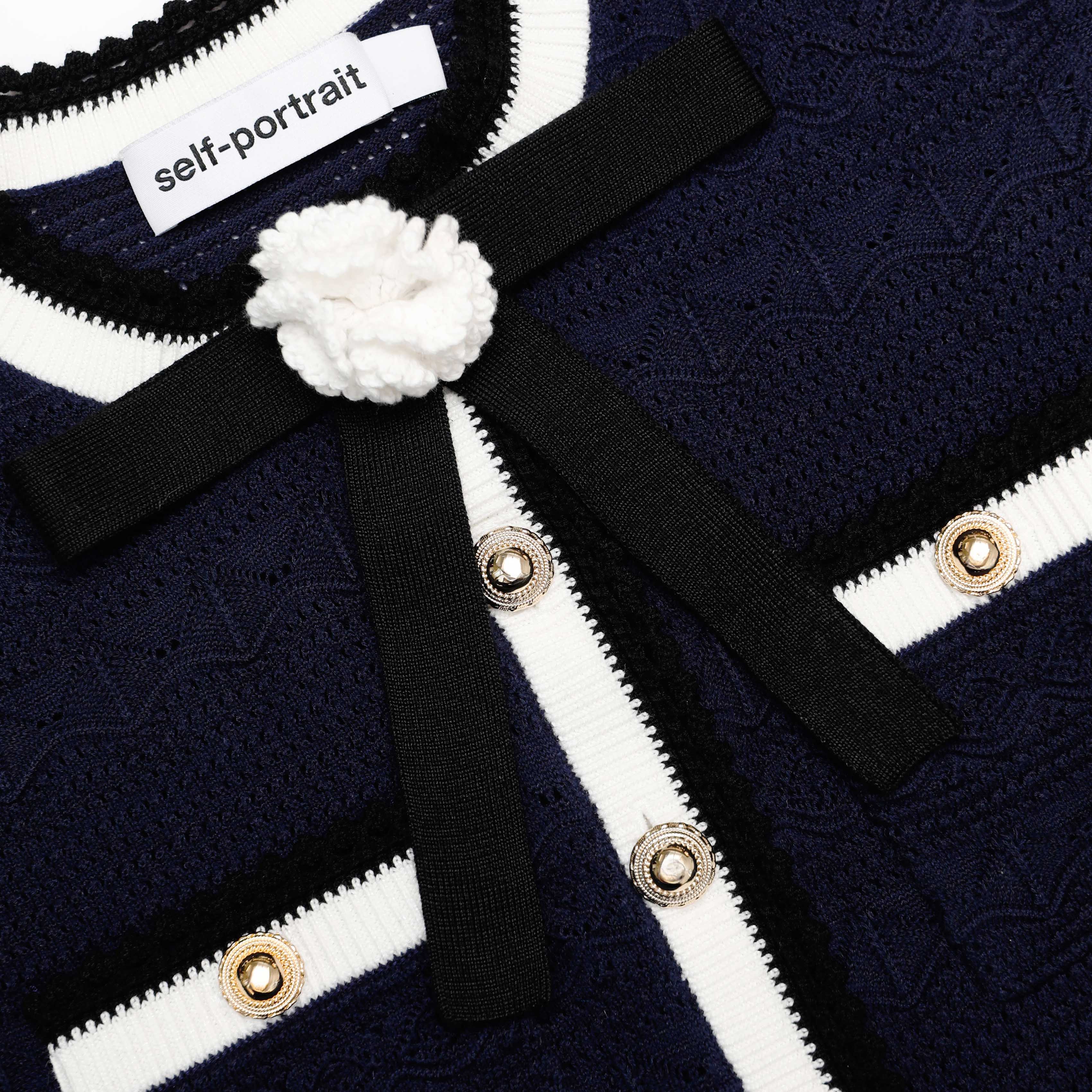 Self Portrait Navy Peplum Pointelle Knit Top Stricktop S