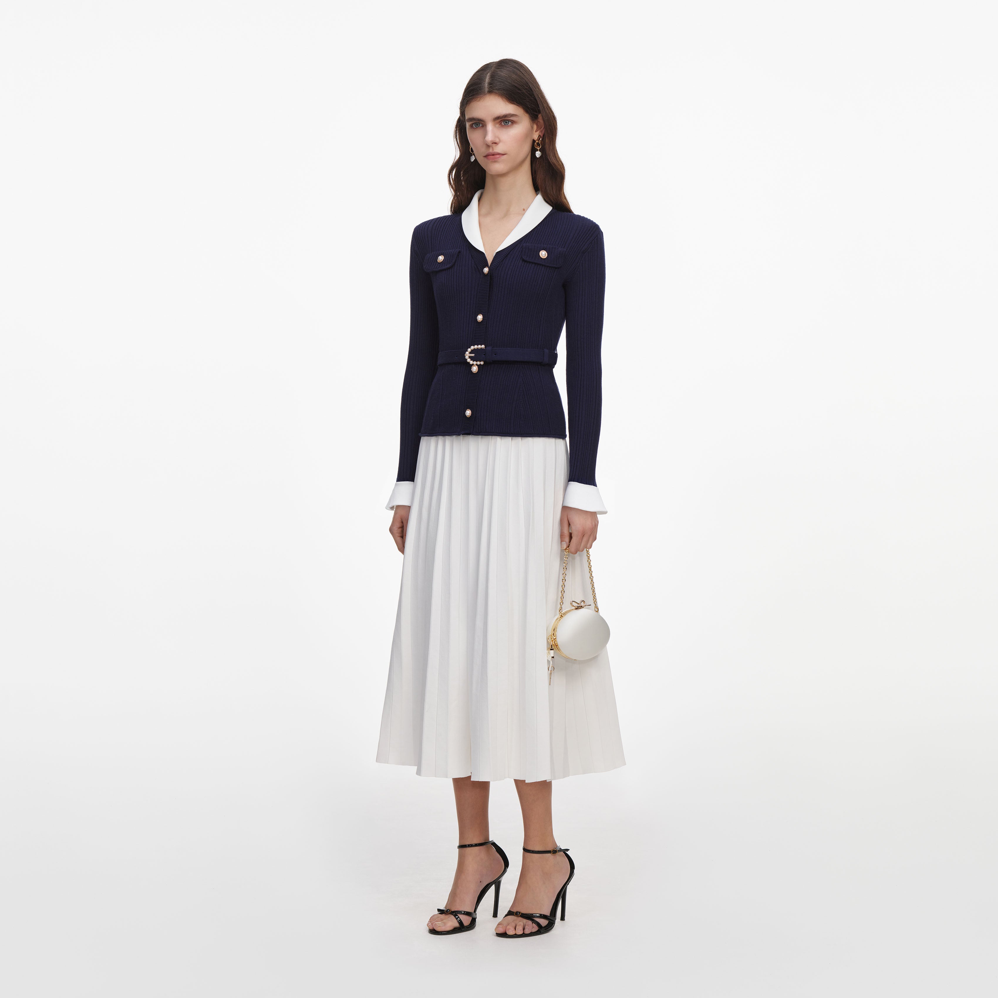 Self Portrait Navy Ribbed Knit Contrast Midikleid navy Strick