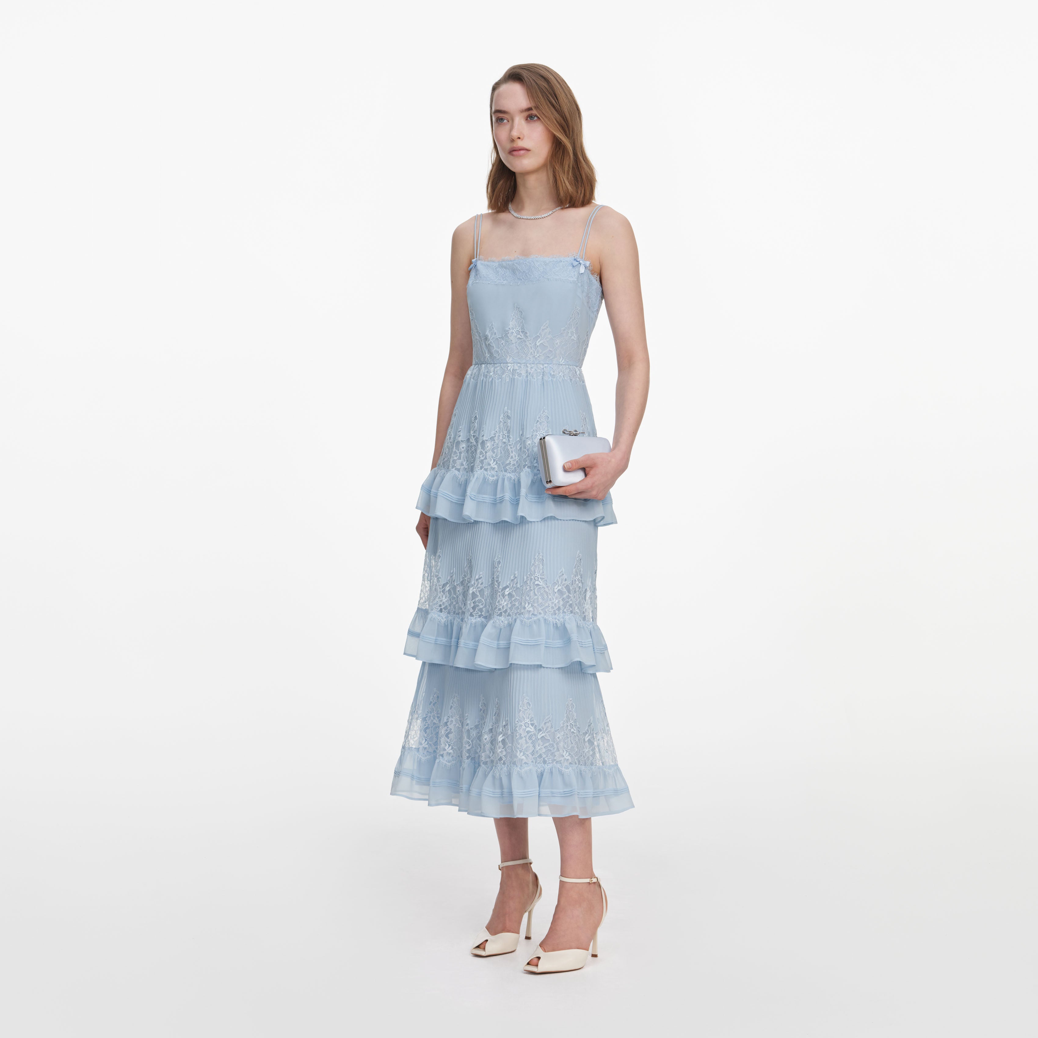 Self Portrait Chiffon Spitze Stufenkleid Midi blau UK 8