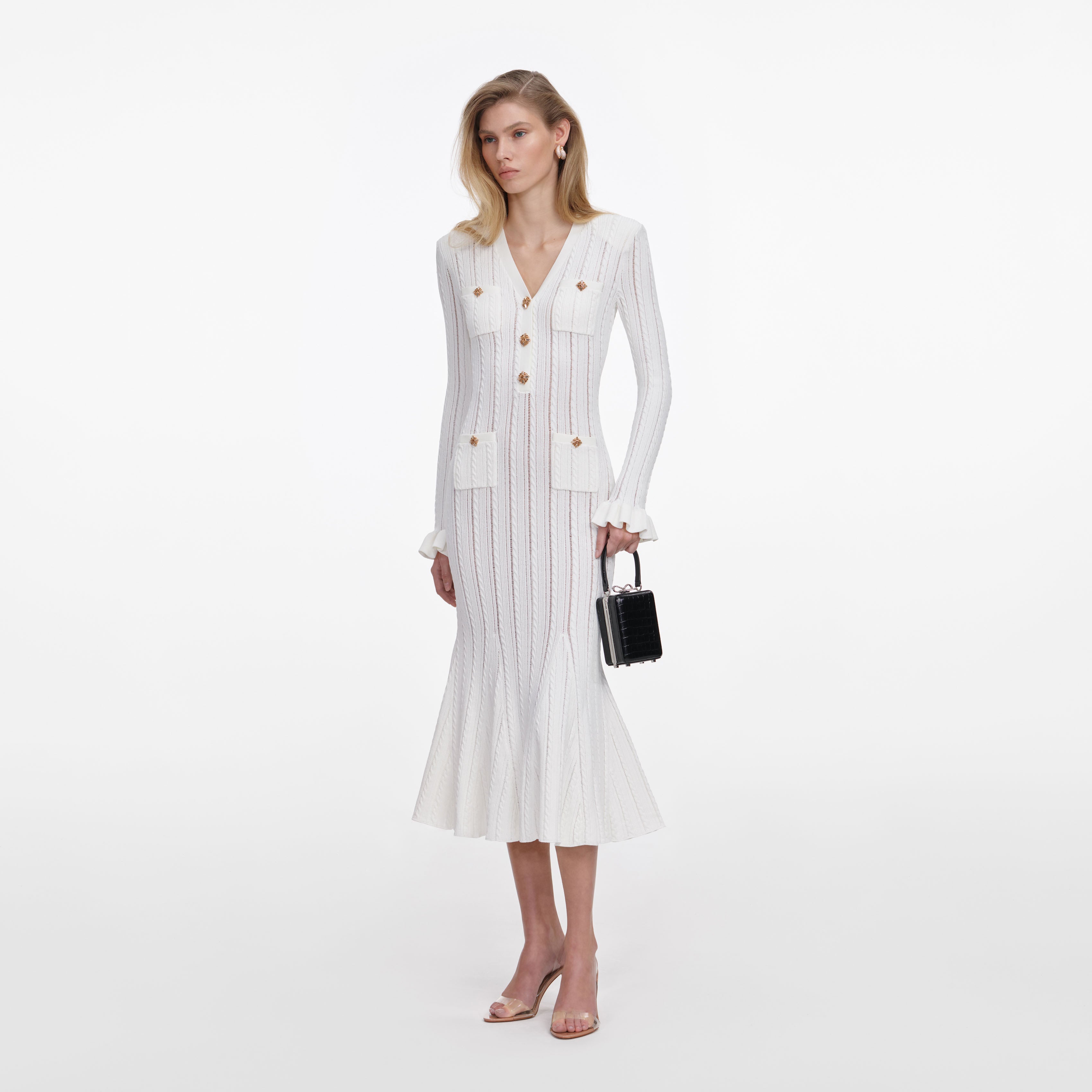 Self Portrait White Pointelle Knit Midi Kleid Weiß