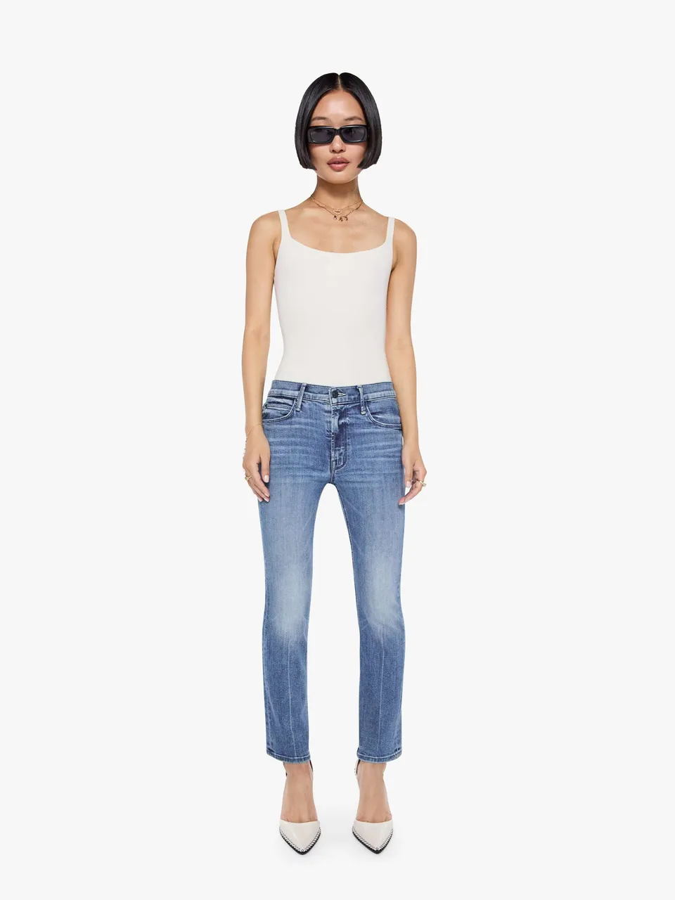 Mother Lil Mid Rise Dazzler Ankle Petite Jeans Blau