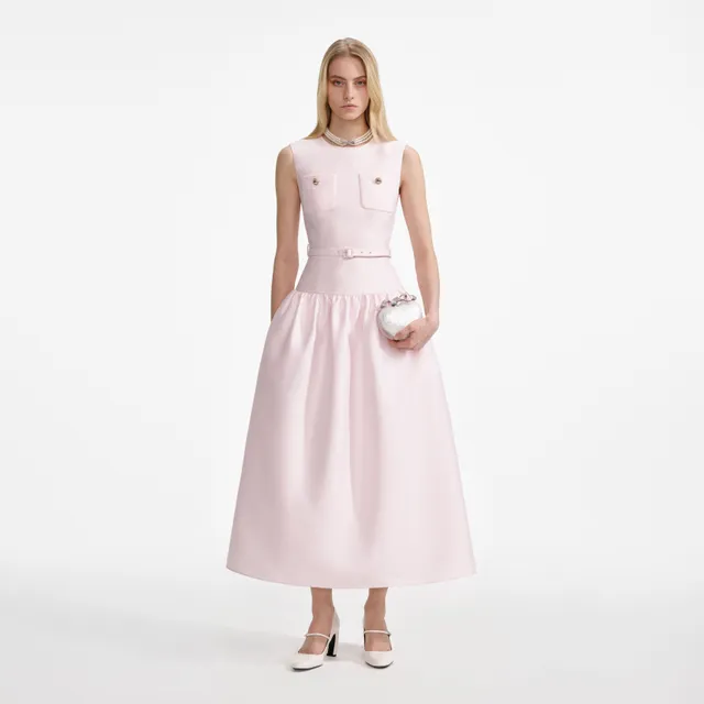 Self Portrait Pink Taffeta Belted Midi Dress Kleid Pink