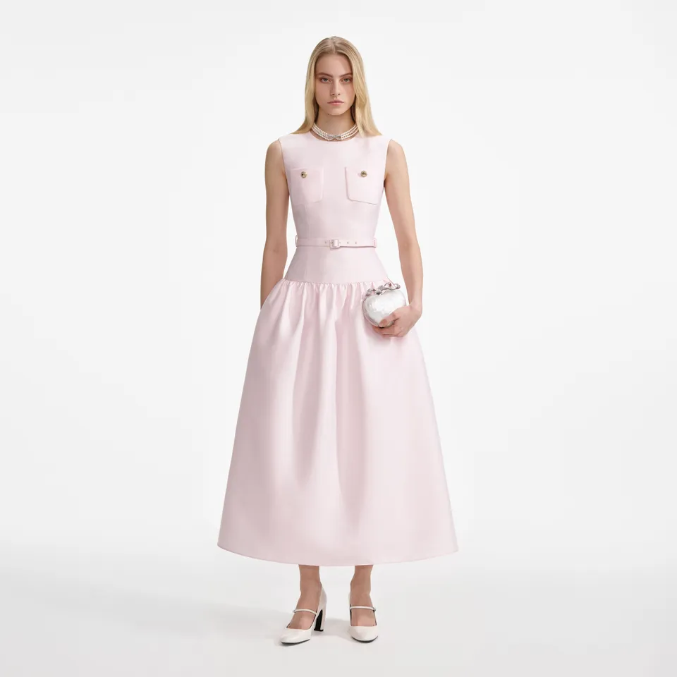 Self Portrait Pink Taffeta Belted Midi Dress Kleid Pink