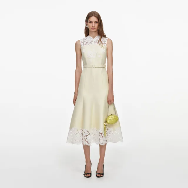 Self Portrait Yellow Taffeta Lace Midikleid Gelb Taft
