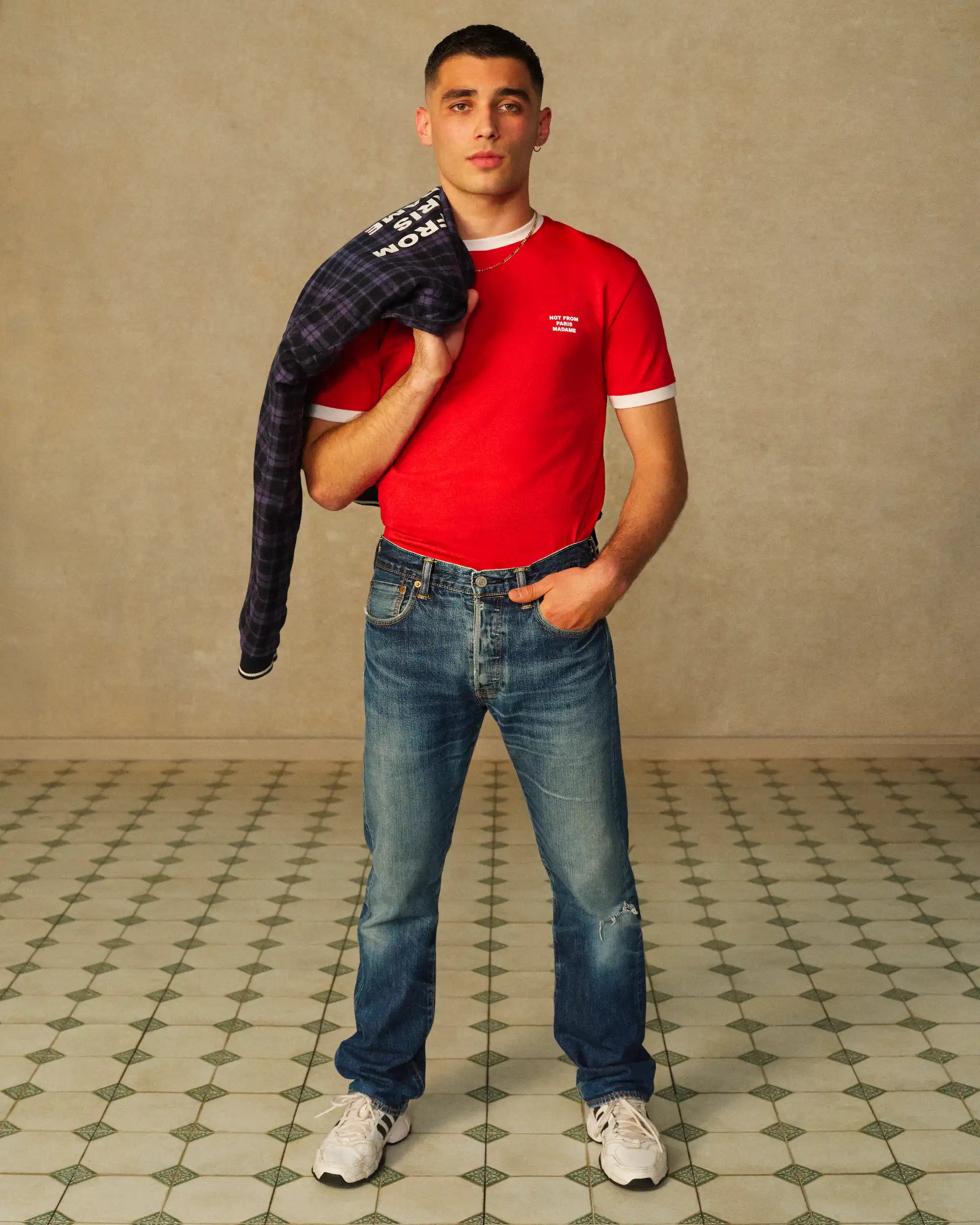 Drôle De Monsieur Contrasted Slogan T-Shirt rot Baumwolle Slim