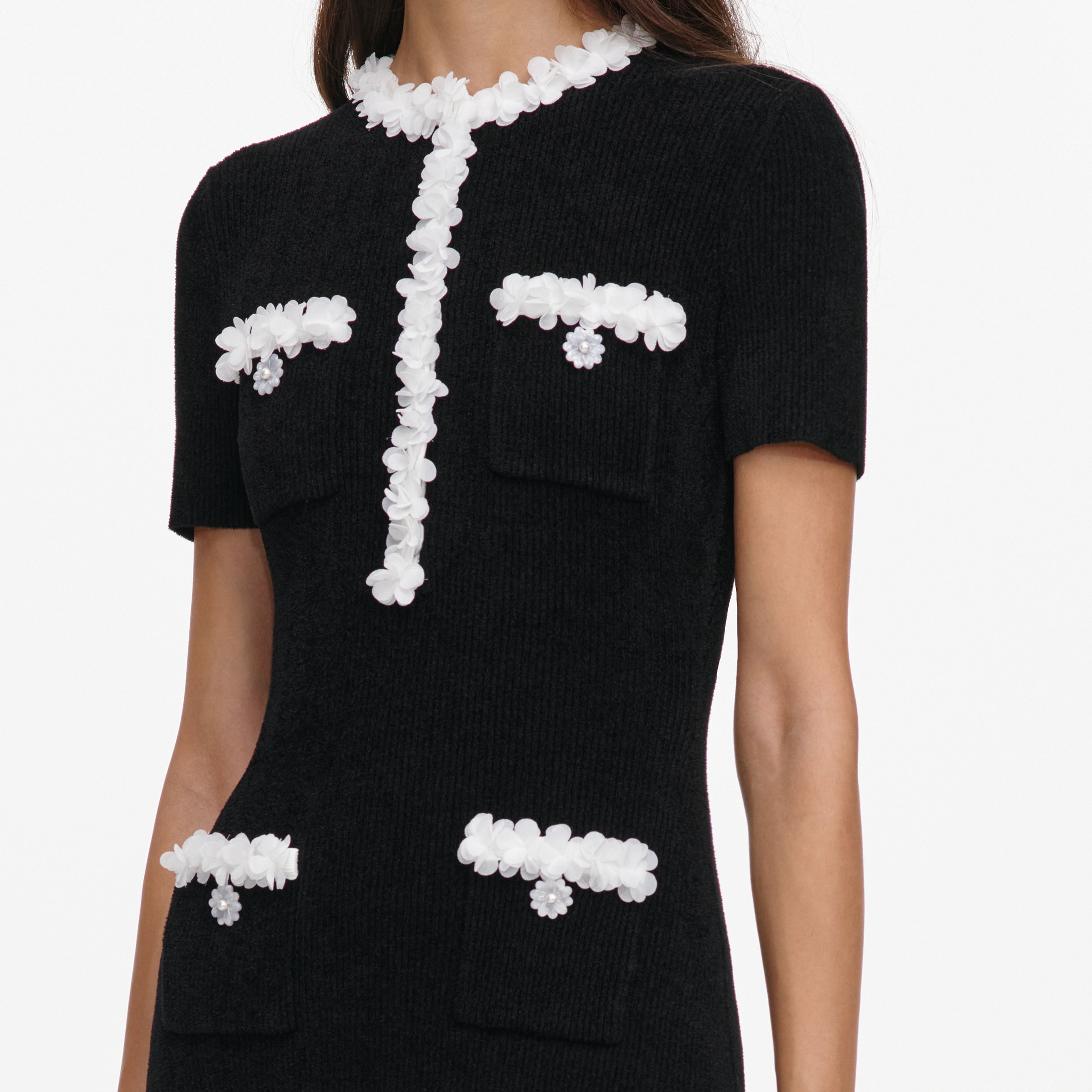 Self Portrait Chenille Flower Trim Midi Kleid schwarz S