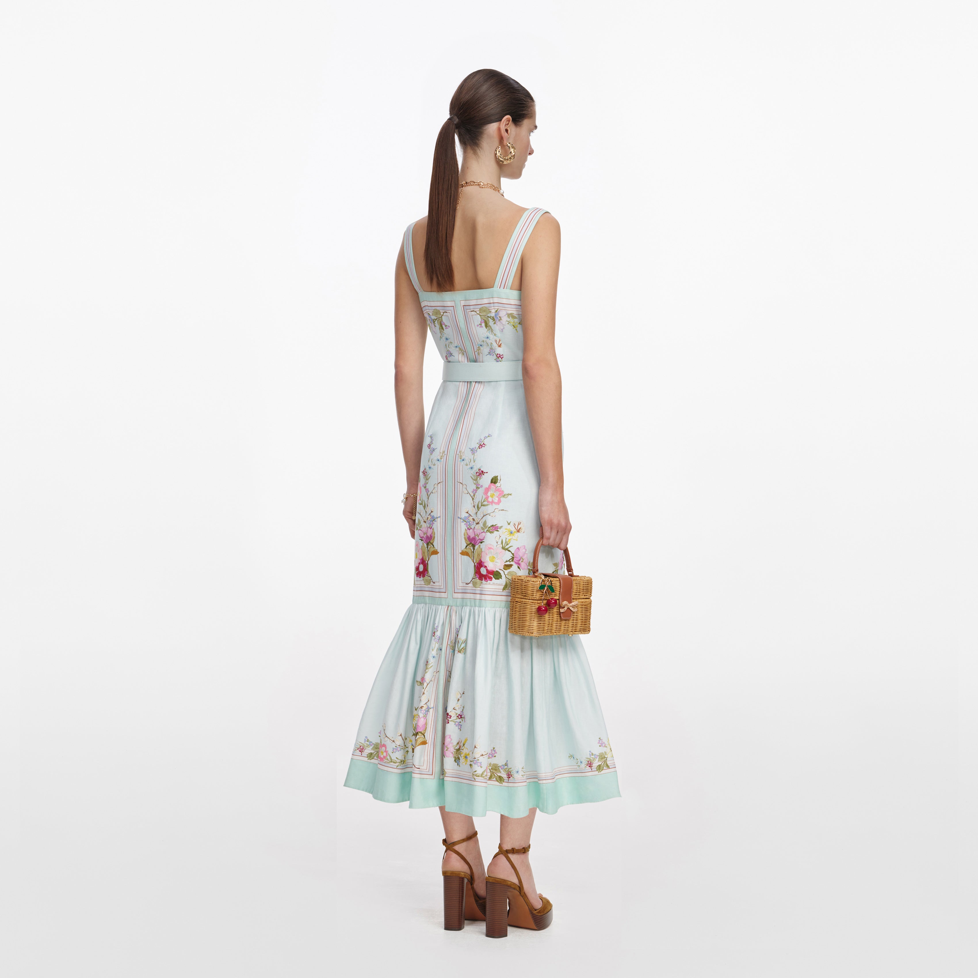 Self Portrait Floral Midi Kleid Mint Leinen Blumen