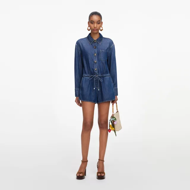 Self Portrait Denim Relaxed Fit Playsuit Jumpsuit Blau