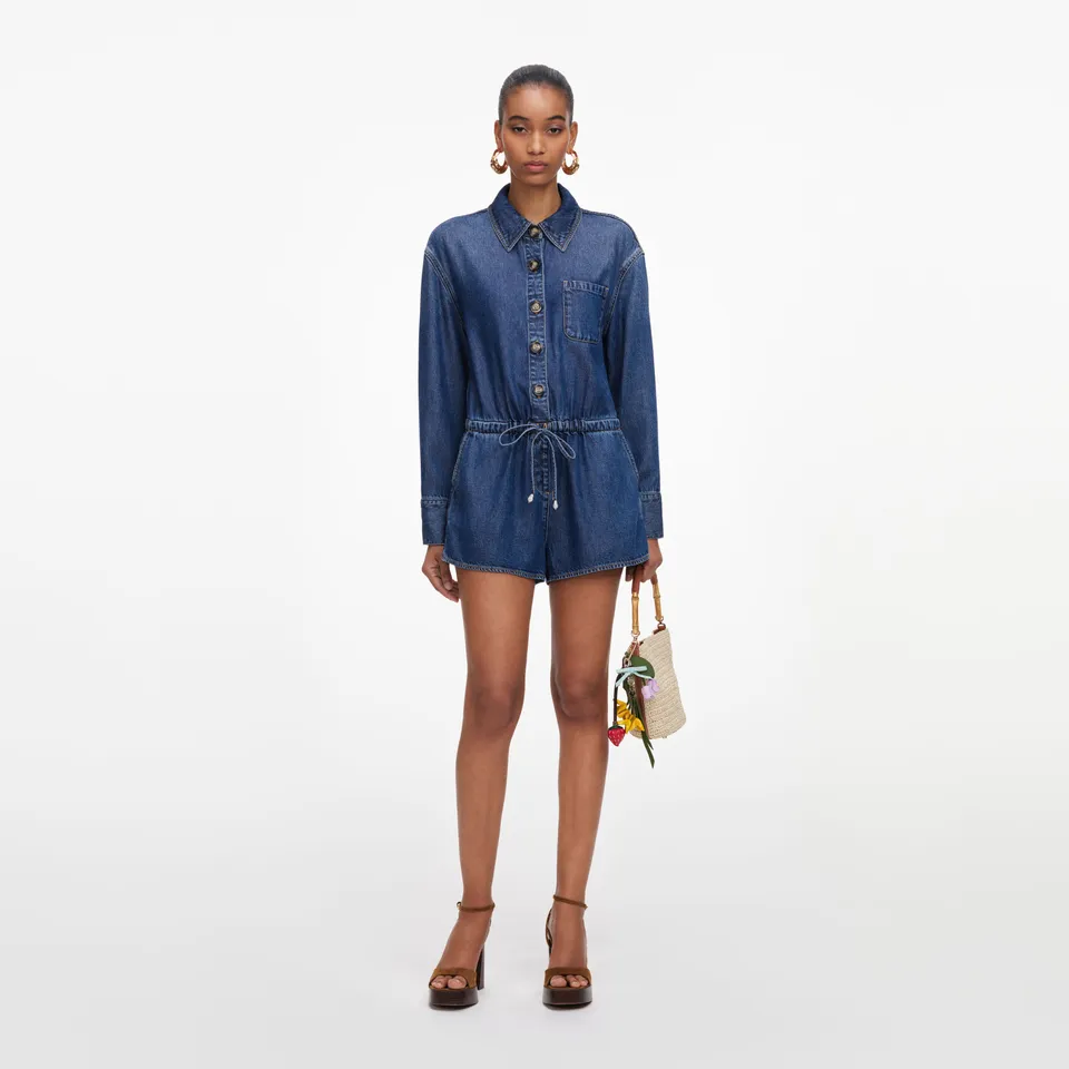 Self Portrait Denim Relaxed Fit Playsuit Jumpsuit Blau