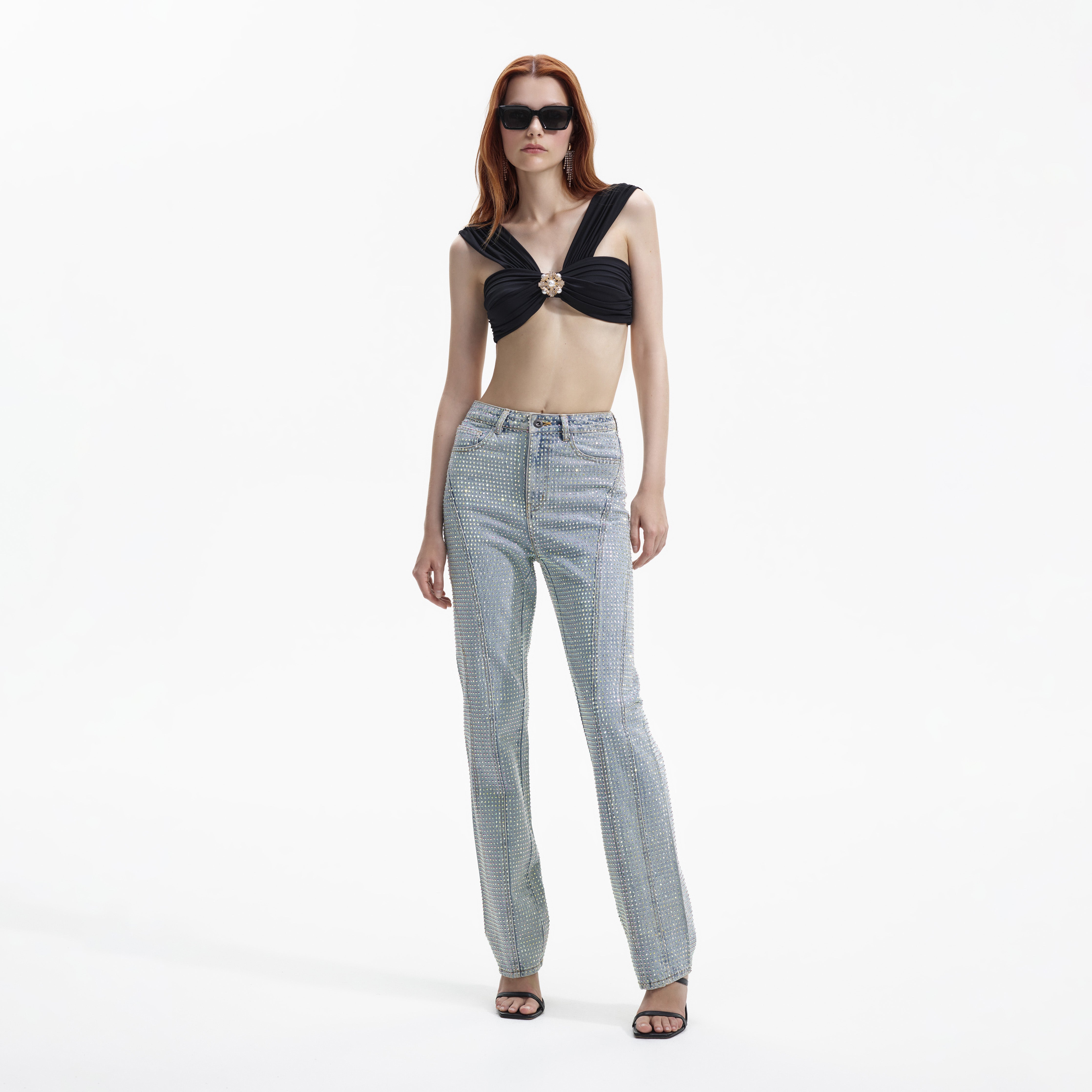 Self Portrait Swim & Resort Bikini Top Schwarz Jersey Brosche