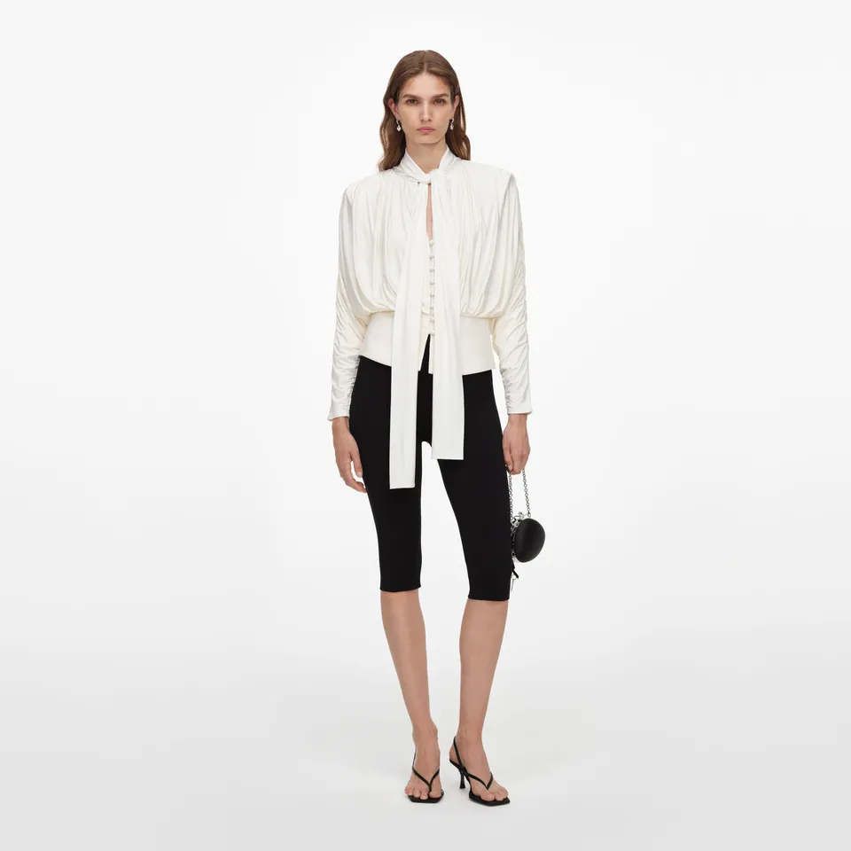 Self Portrait Cream Tie Neck Jersey Top Creme Viskose