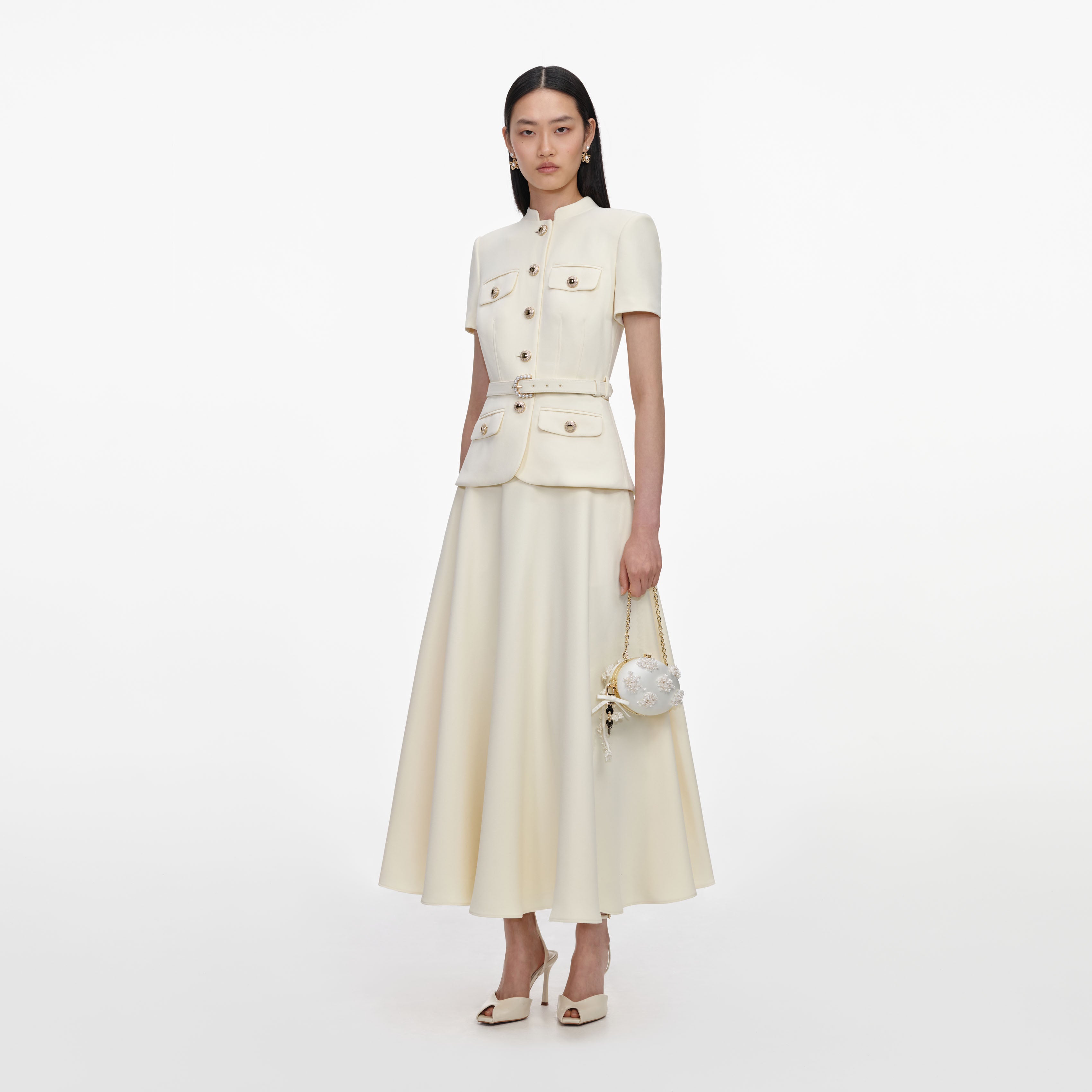 Self Portrait Gelbes Crepe Midikleid mit Gürtel Taschen