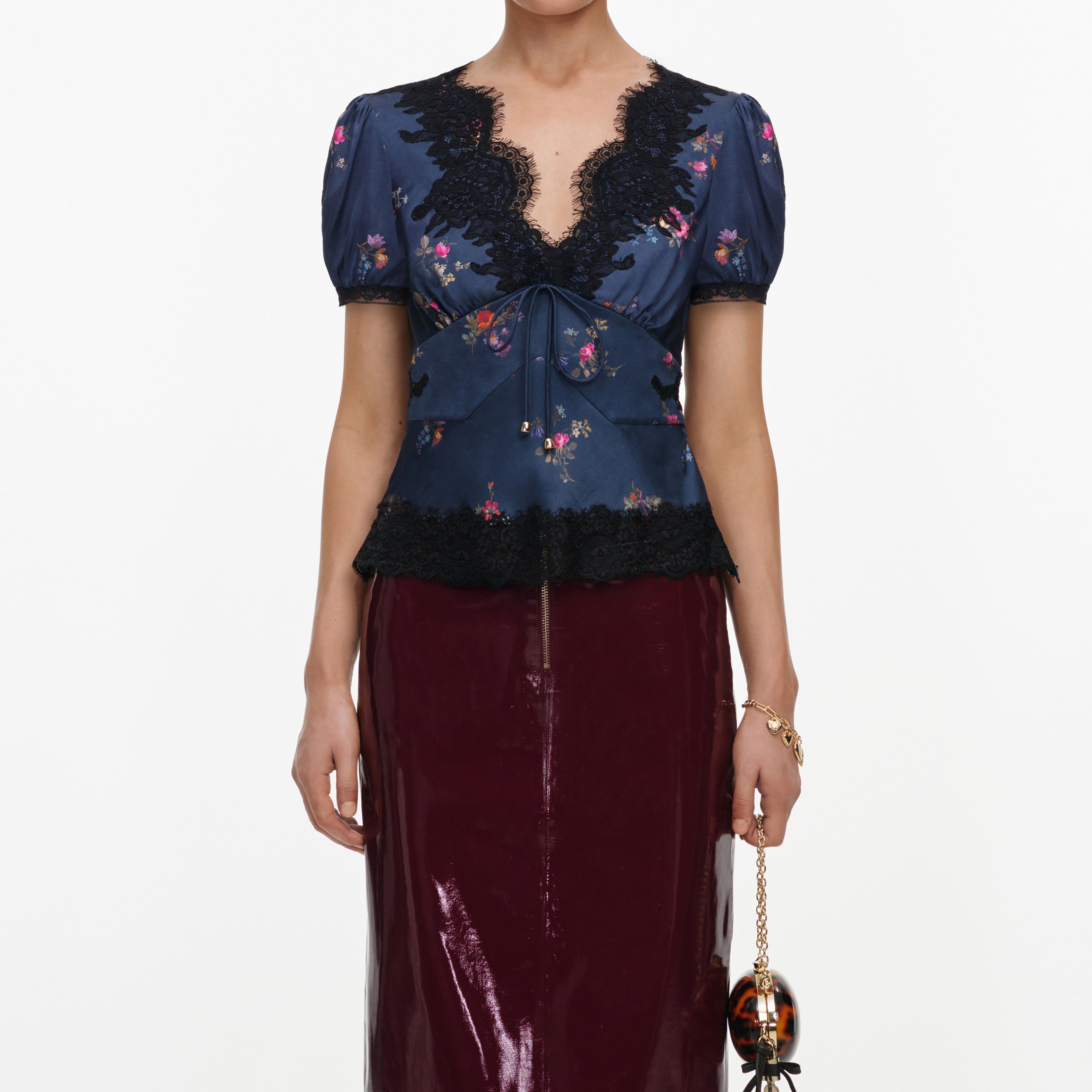 Self Portrait Tops Satin Top Navy Floral Spitze